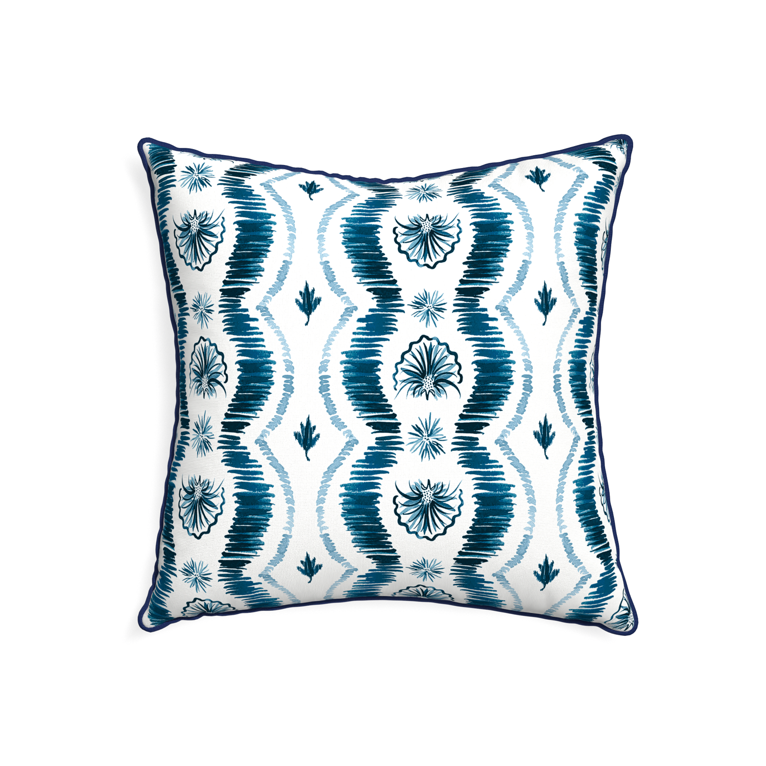 22-square alice custom blue ikatpillow with midnight piping on white background