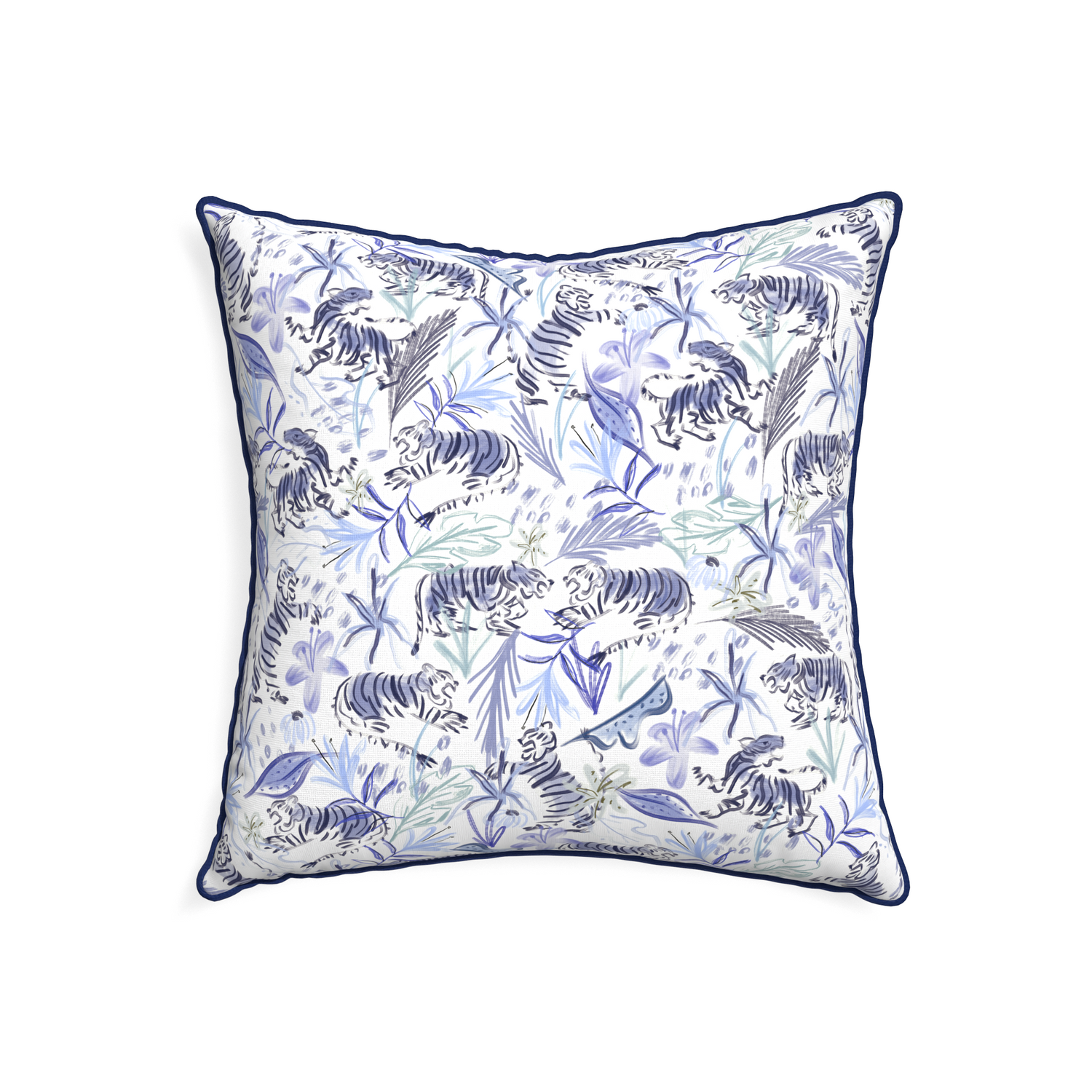 22-square frida blue custom blue with intricate tiger designpillow with midnight piping on white background