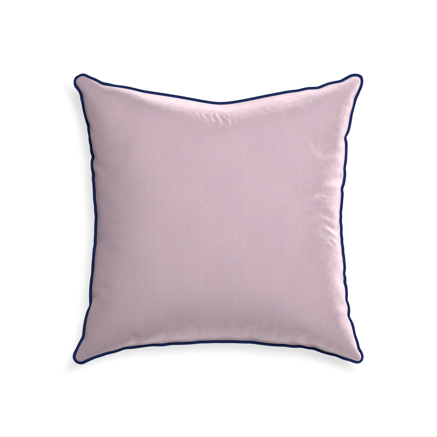 22-square lilac velvet custom pillow with midnight piping on white background