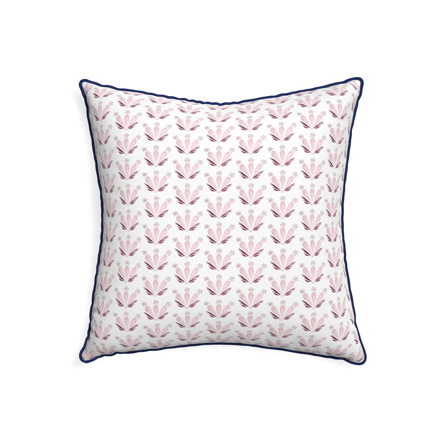 22-square serena pink custom pink & burgundy drop repeat floralpillow with midnight piping on white background