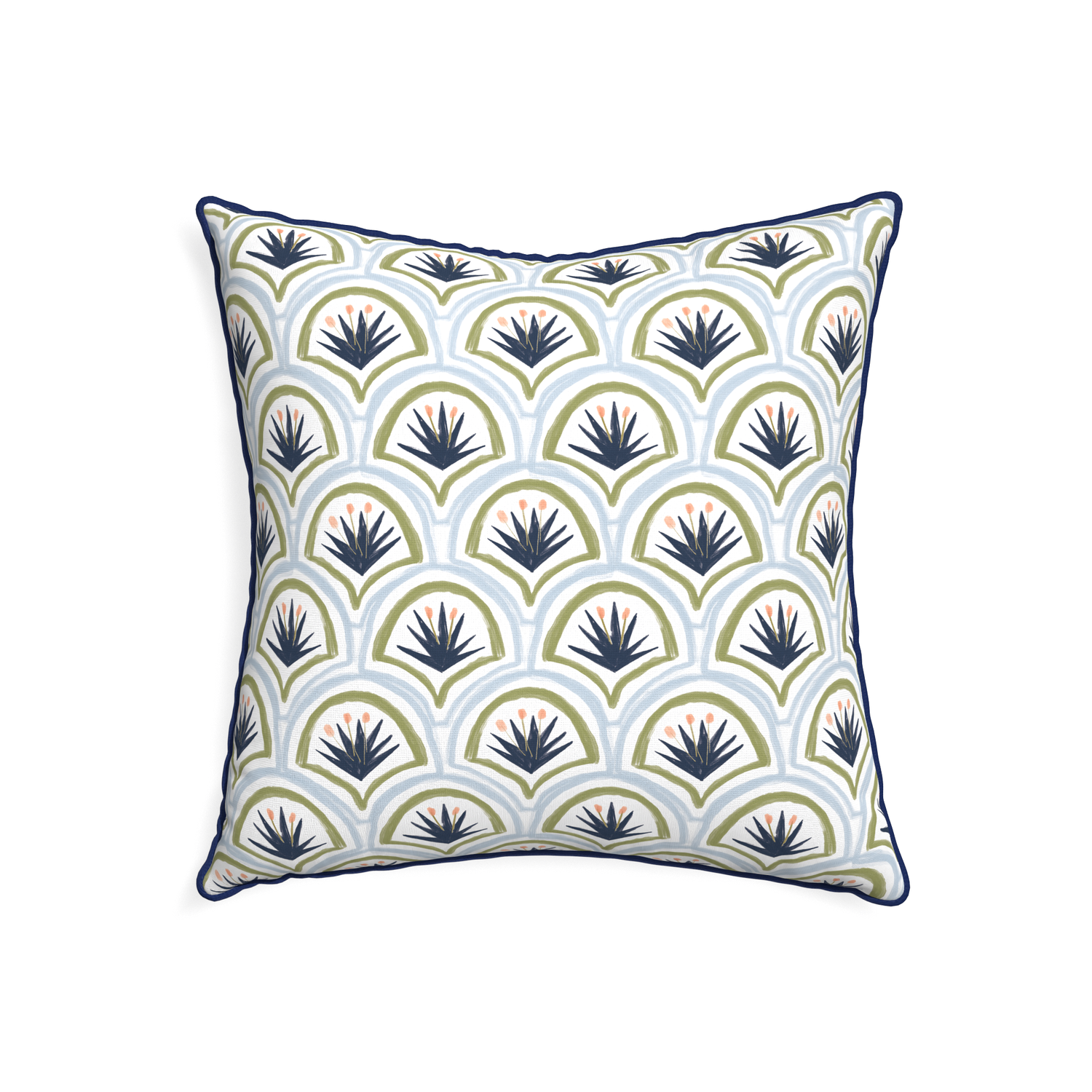 22-square thatcher midnight custom art deco palm patternpillow with midnight piping on white background