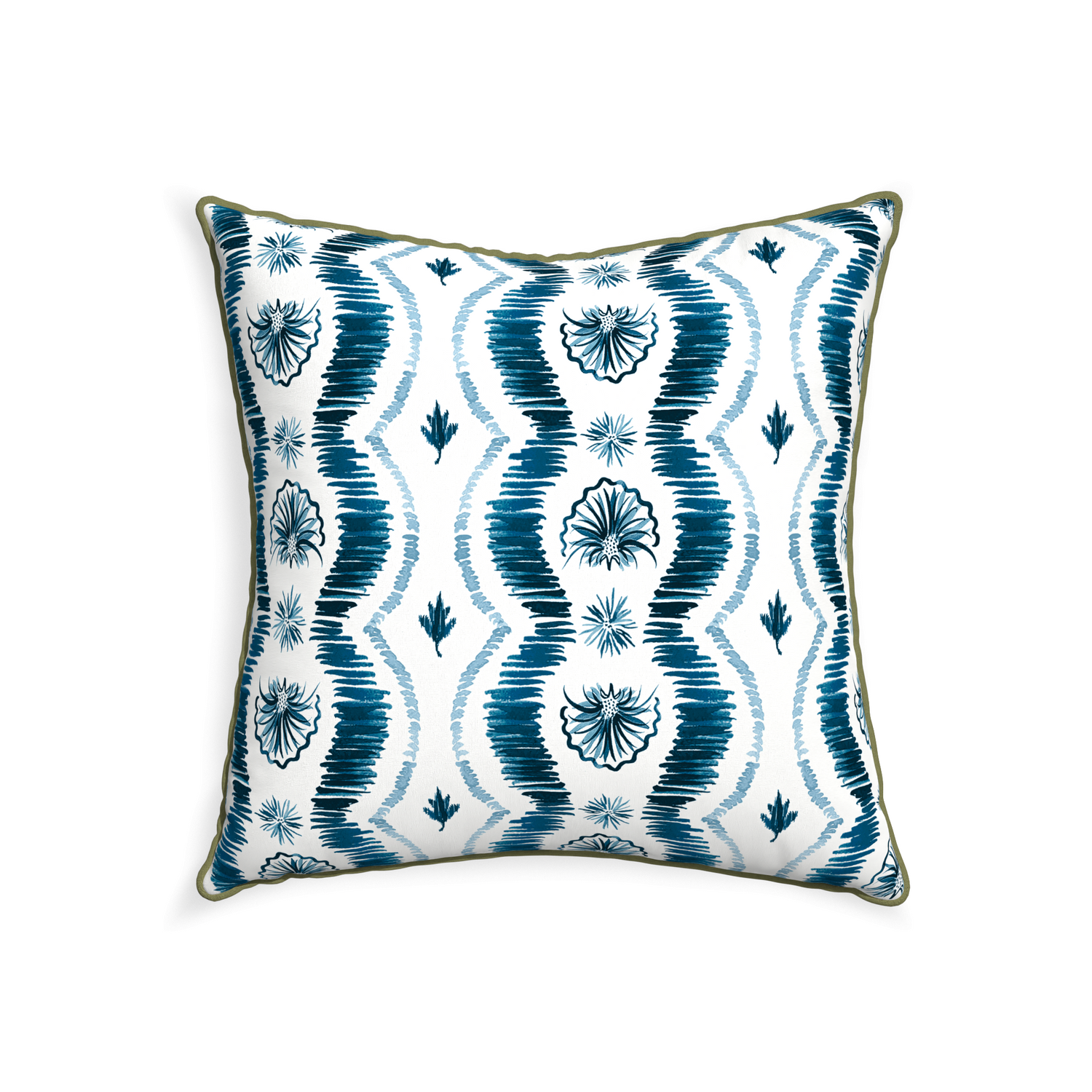 22-square alice custom blue ikatpillow with moss piping on white background
