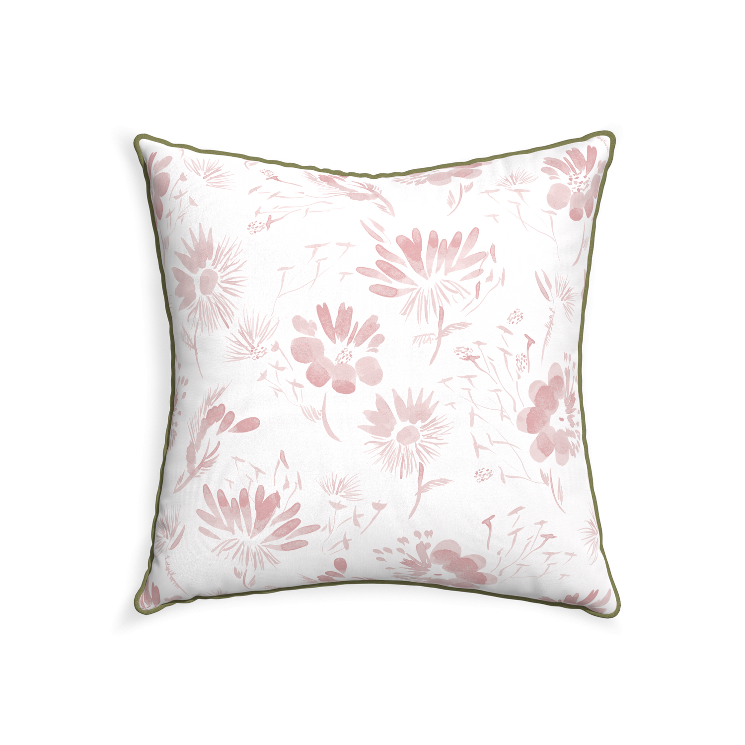 square pink floral pillow with moss green piping