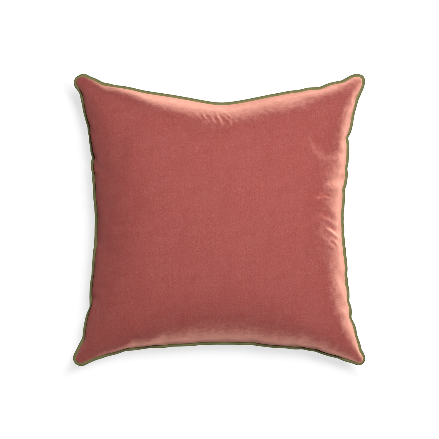 22-square cosmo velvet custom coralpillow with moss piping on white background