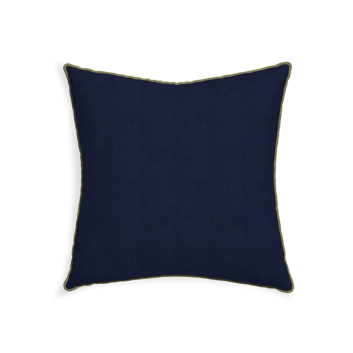 22-square midnight custom pillow with moss piping on white background
