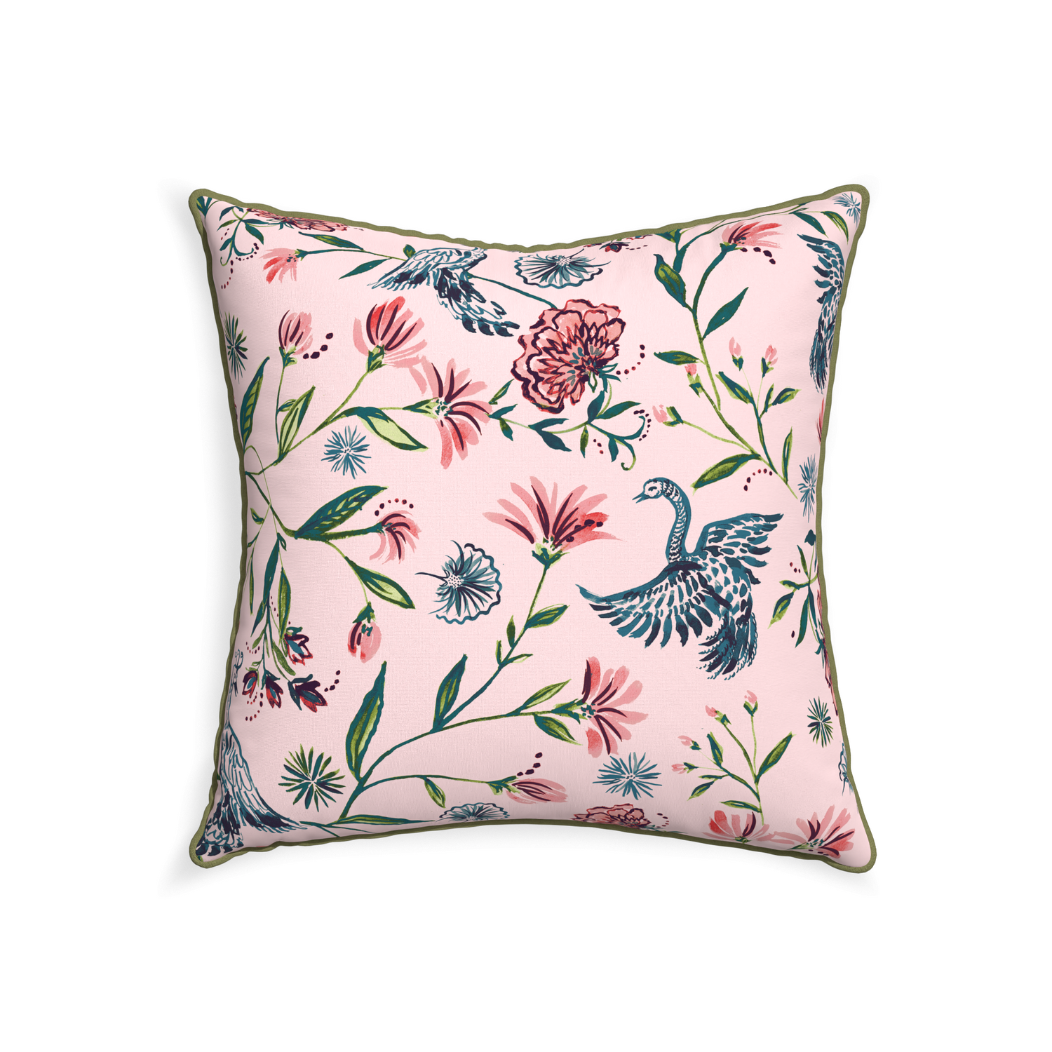 square pink chinoiserie pillow with moss green piping
