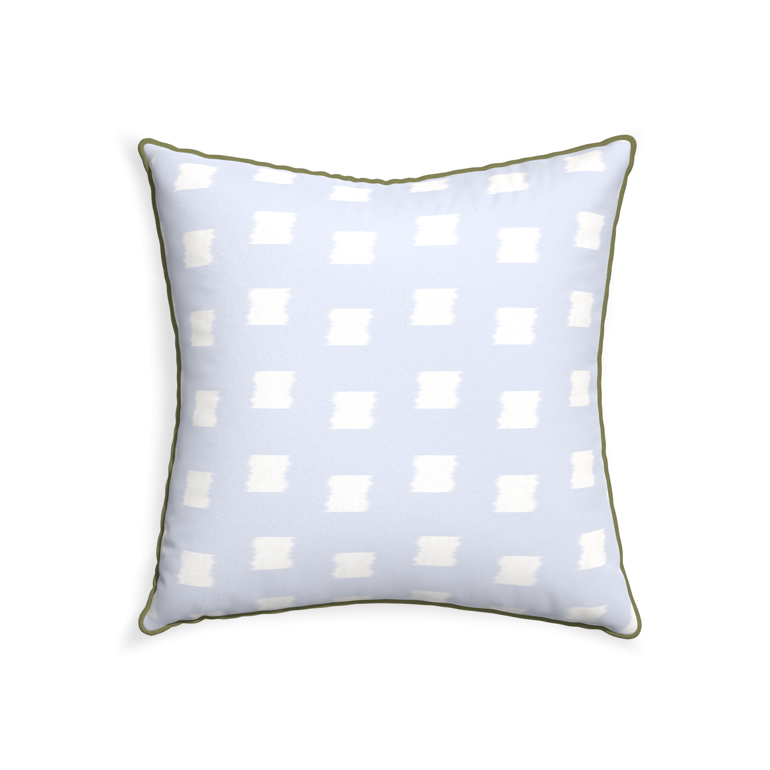 square sky blue pattern pillow with moss green piping