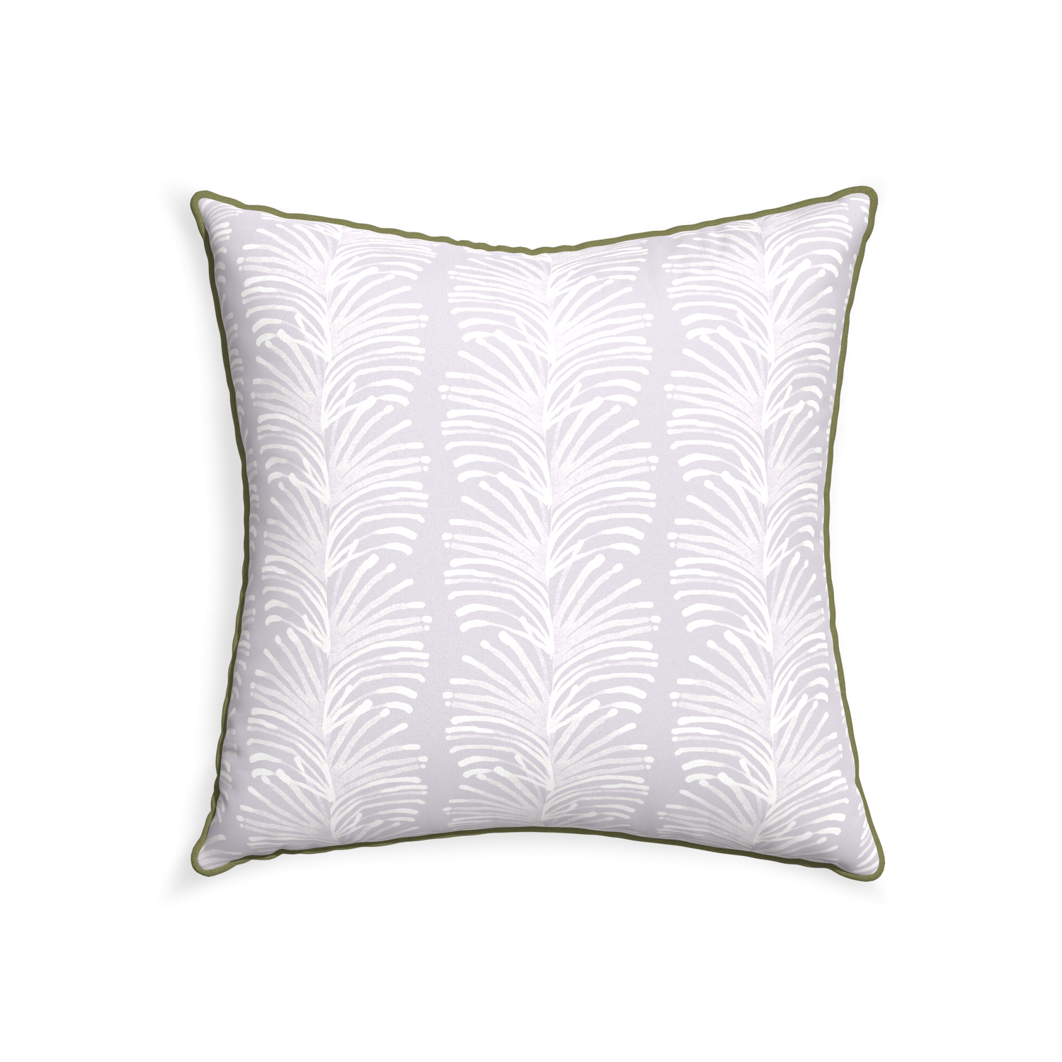 22-square emma lavender custom pillow with moss piping on white background