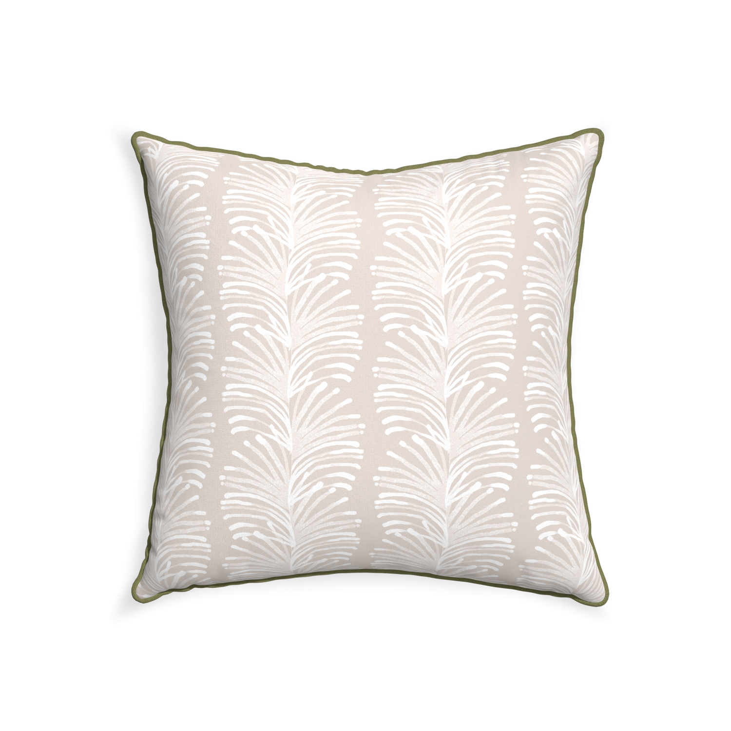 22-square emma sand custom sand colored botanical stripepillow with moss piping on white background