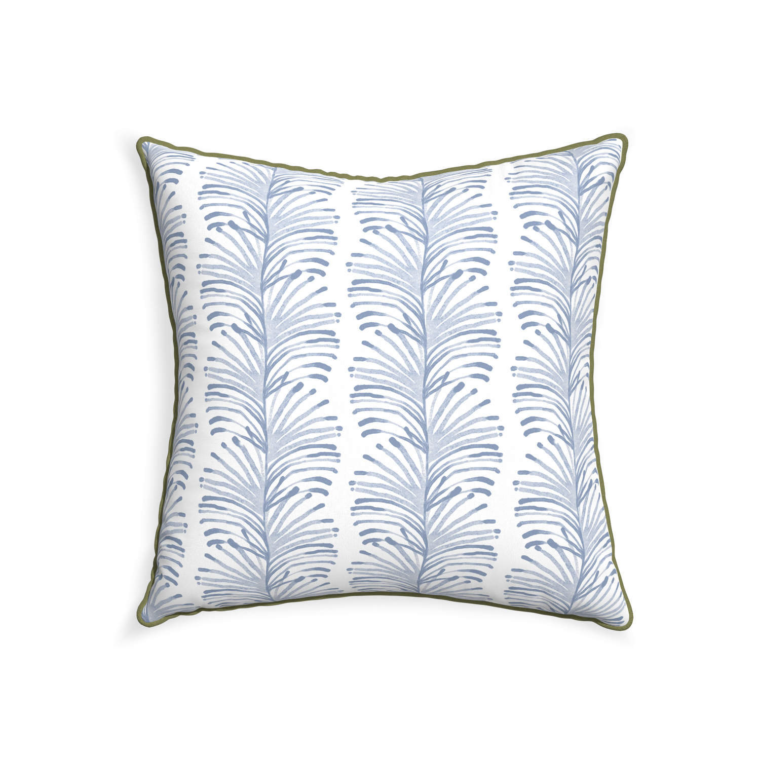 square sky blue colored botanical stripe pillow with moss green piping