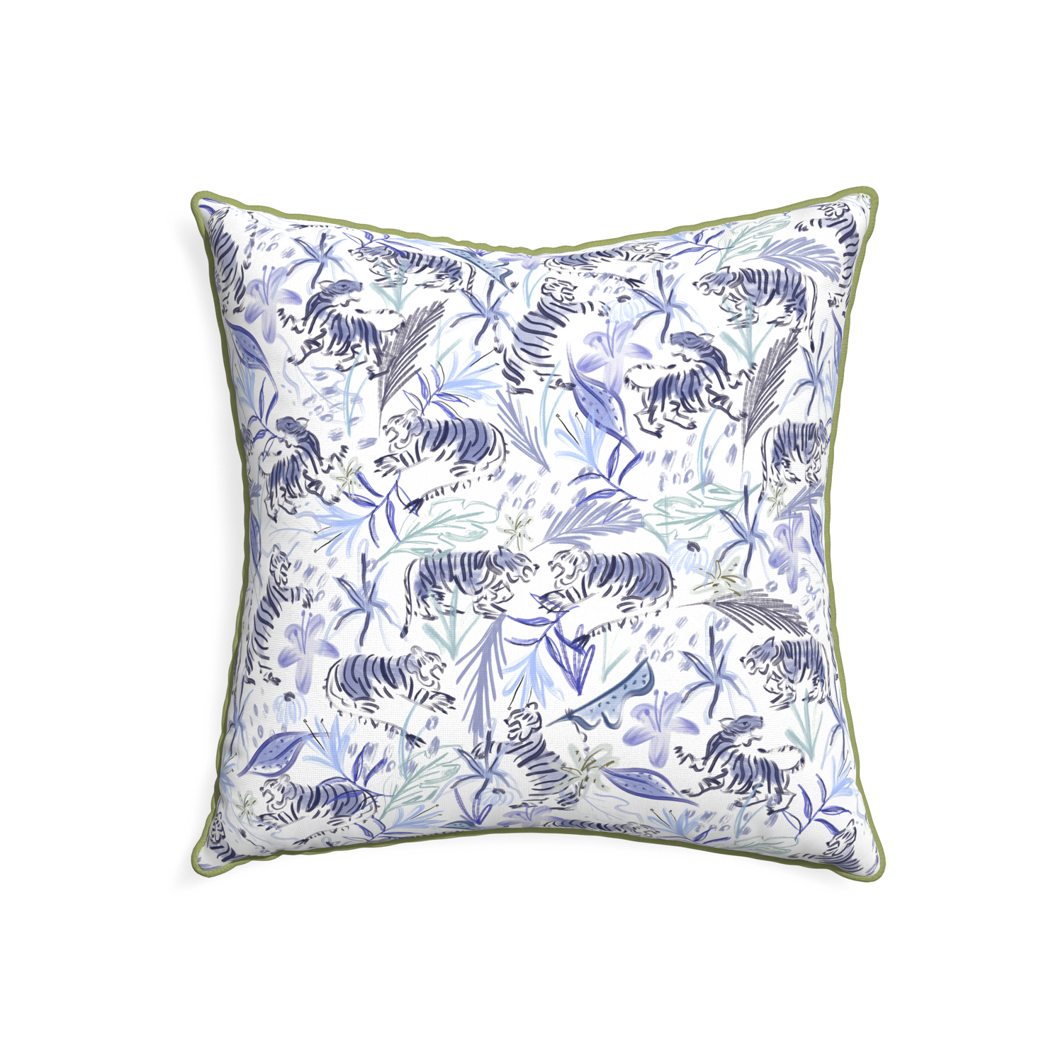 22-square frida blue custom blue with intricate tiger designpillow with moss piping on white background