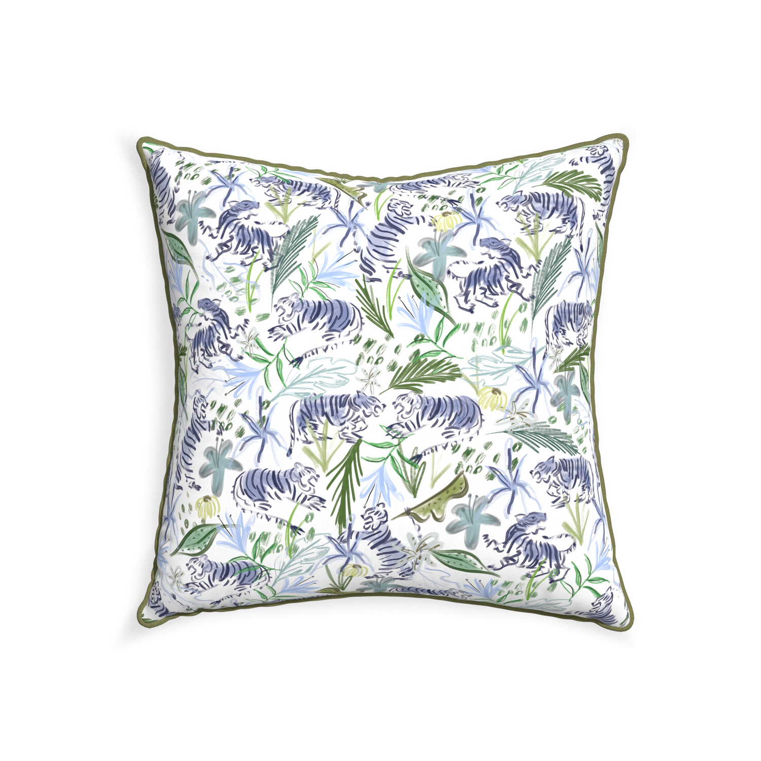 22-square frida green custom pillow with moss piping on white background