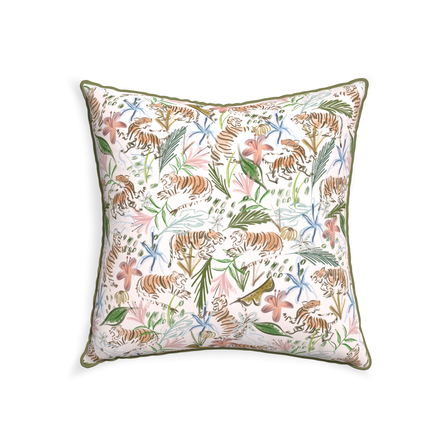 square pink chinoiserie tiger pillow with moss green piping 