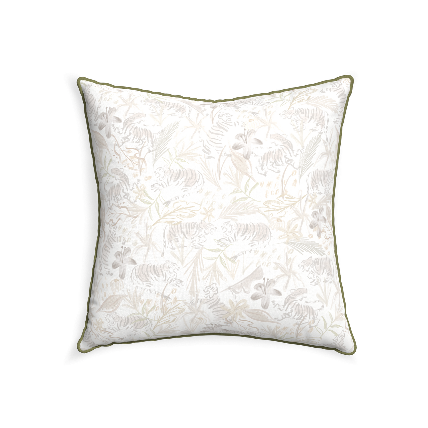 square beige chinoiserie tiger pillow with moss green piping 