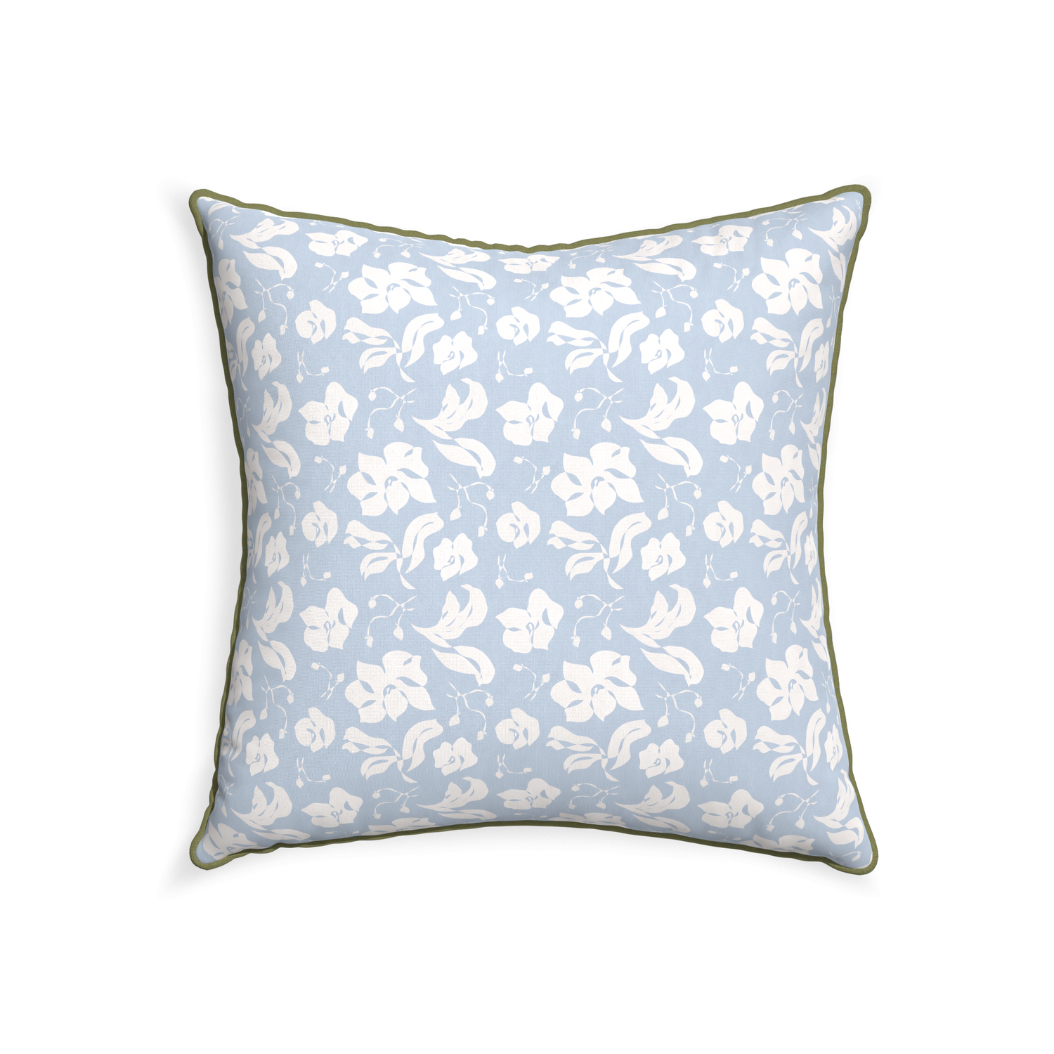 square cornflower blue floral pillow with moss green piping