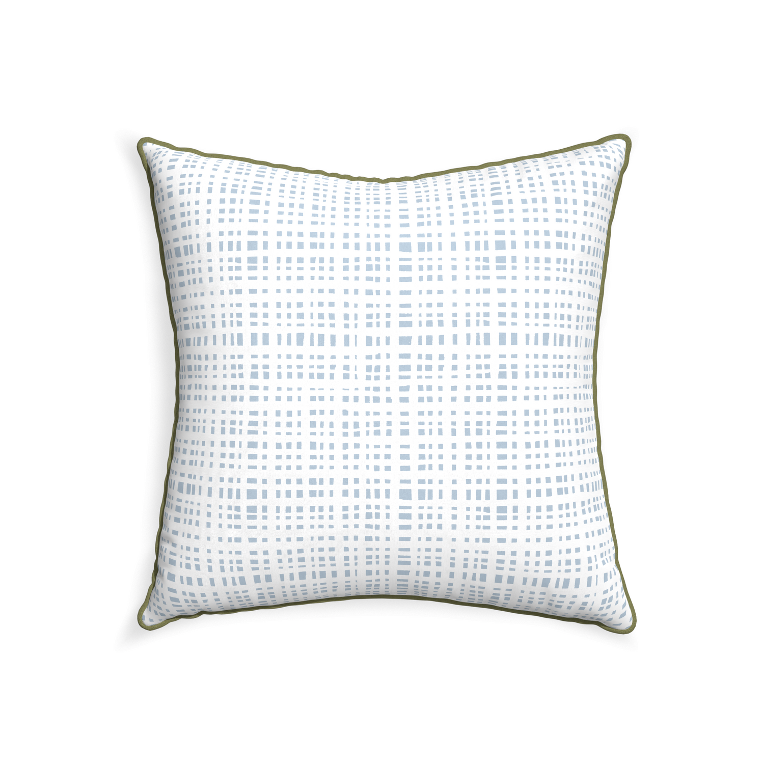 square plaid sky blue pillow with moss green piping