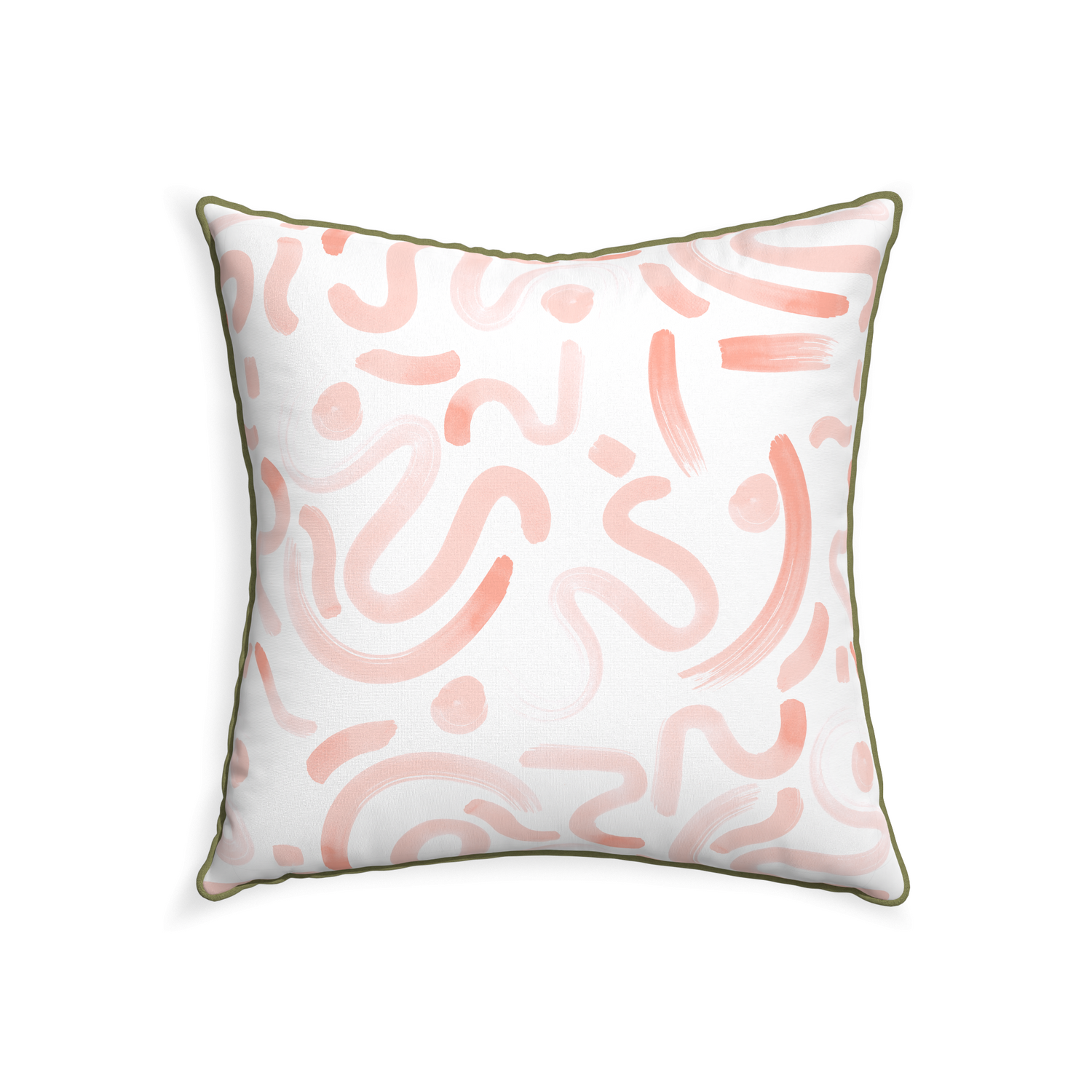 square abstract pink pillow with moss green piping