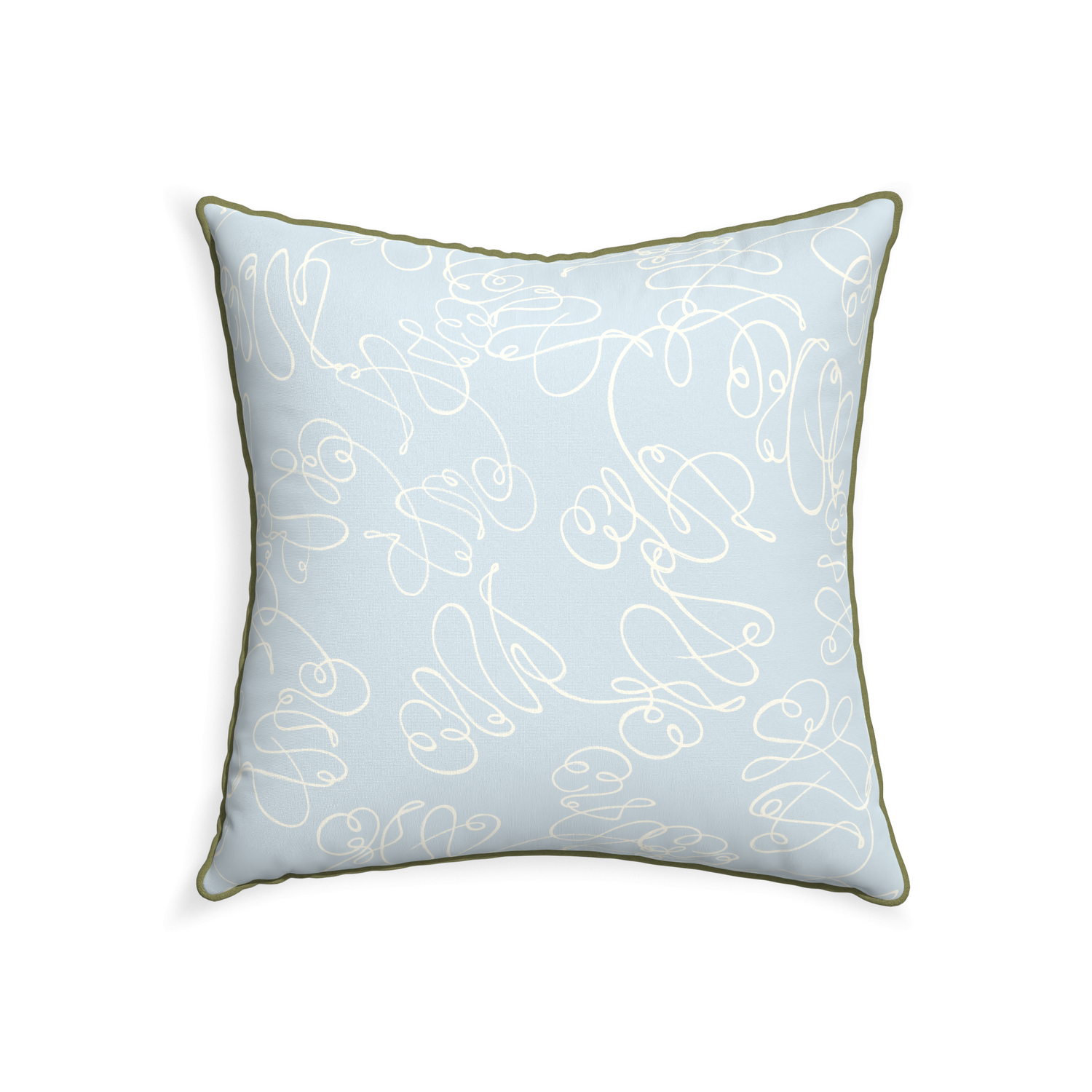 square powder blue abstract pillow with moss green piping