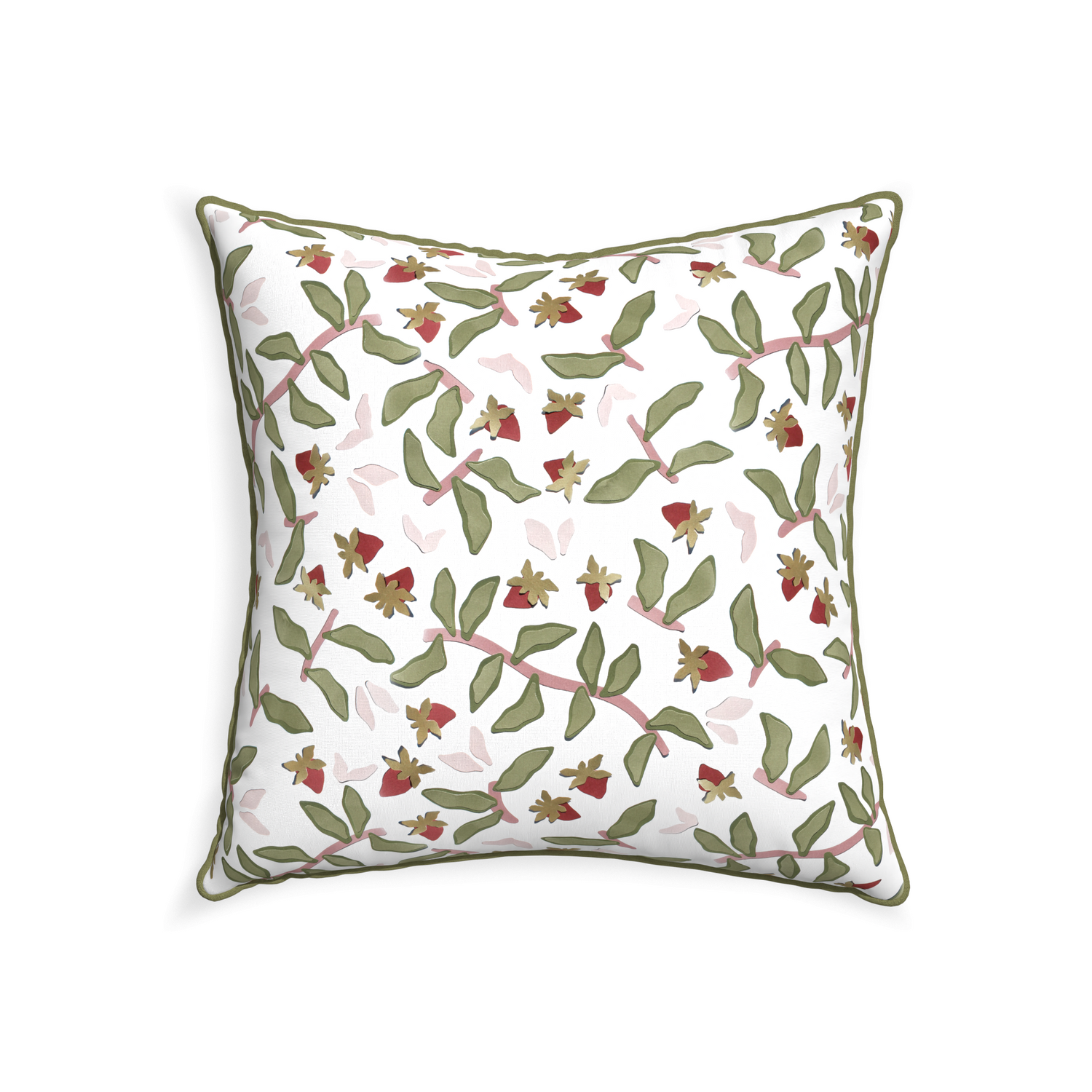 square strawberry and botanical pillow with moss green piping 