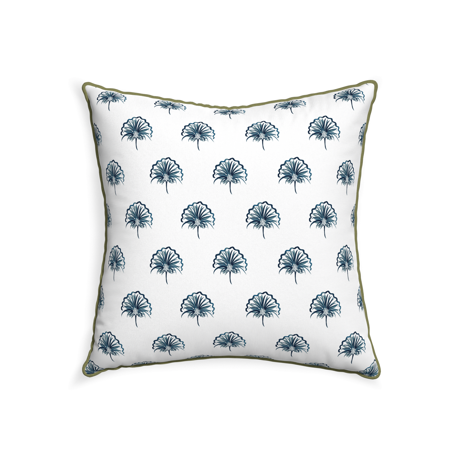 square navy floral pillow with moss green piping