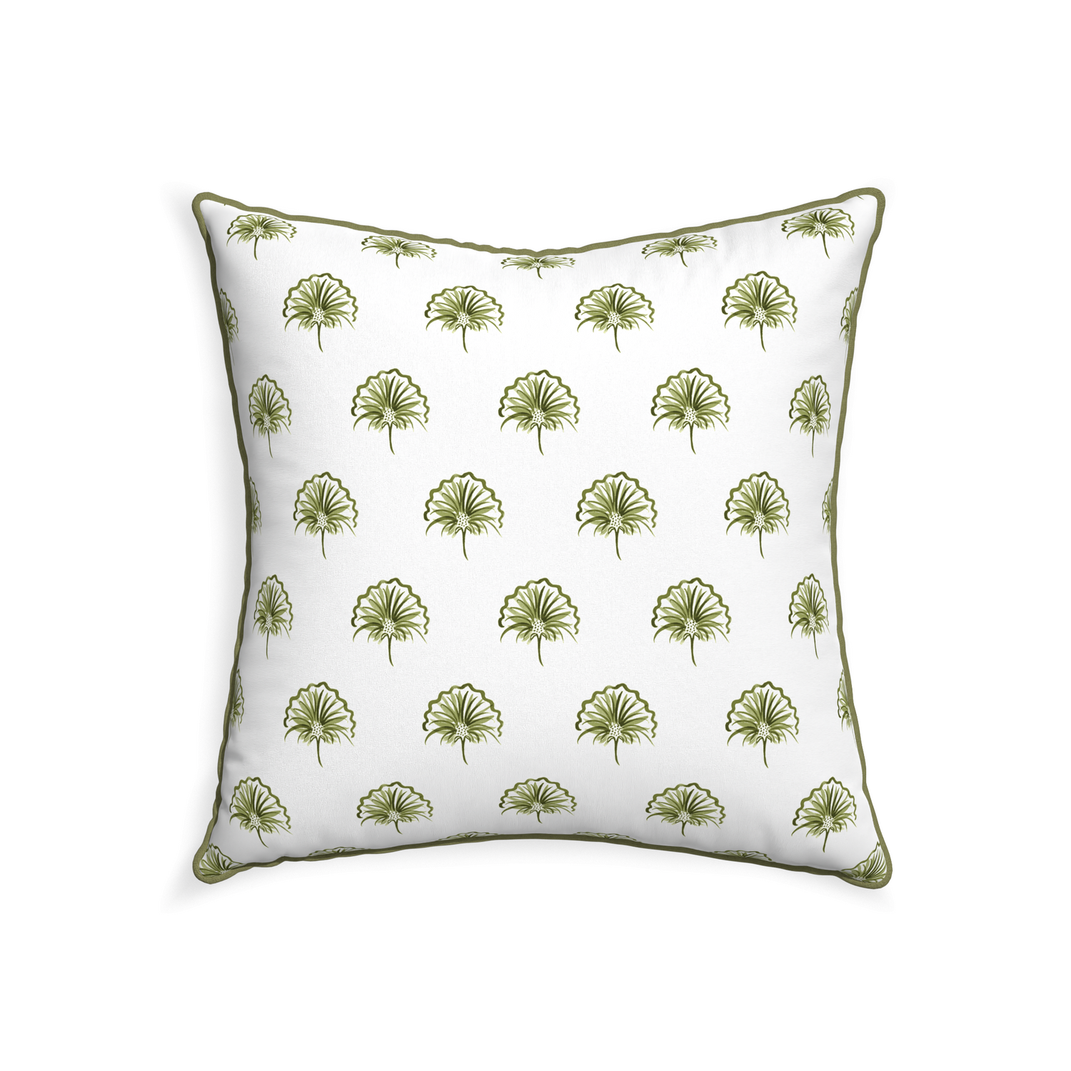 square moss green floral pillow with moss green piping
