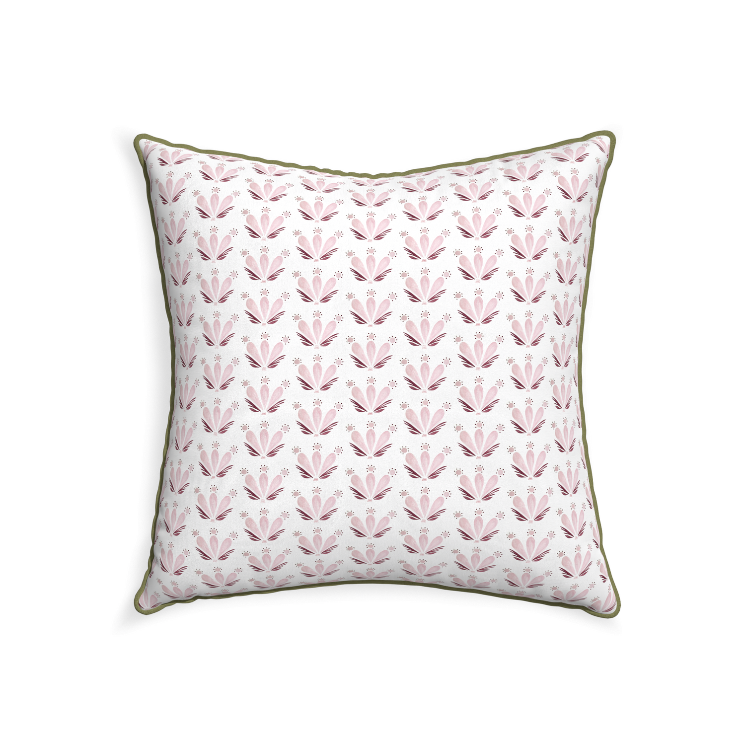 22-square serena pink custom pillow with moss piping on white background