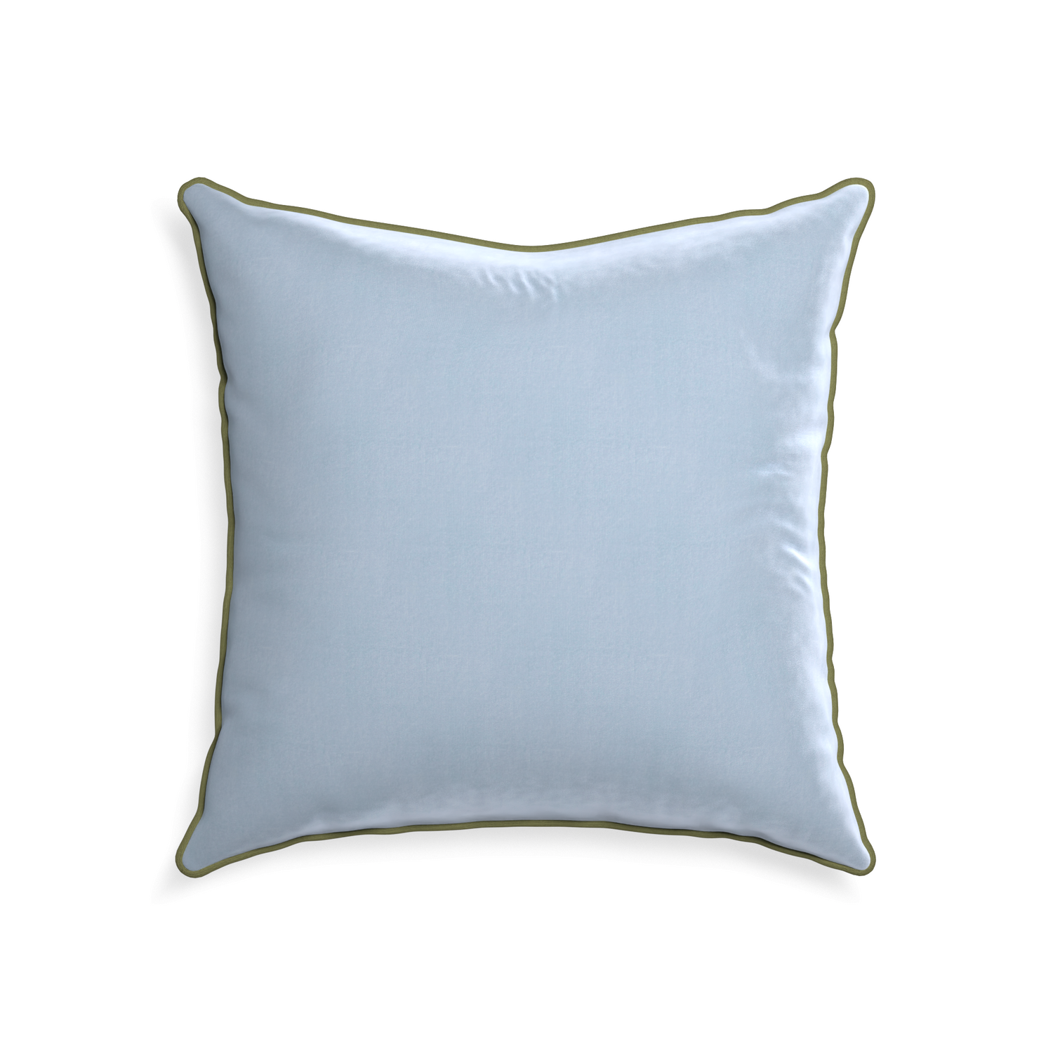 square light blue velvet pillow with moss green piping