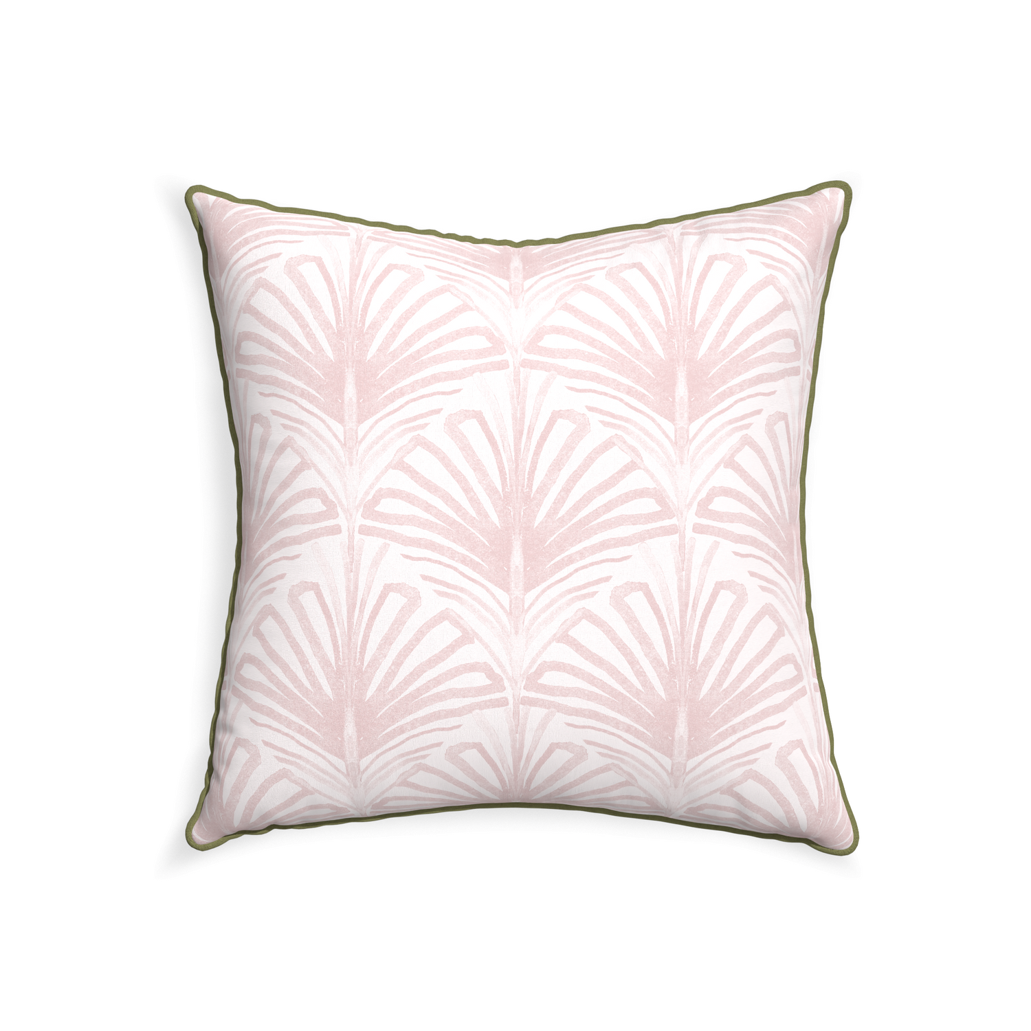 square rose pink palm pillow with moss green piping