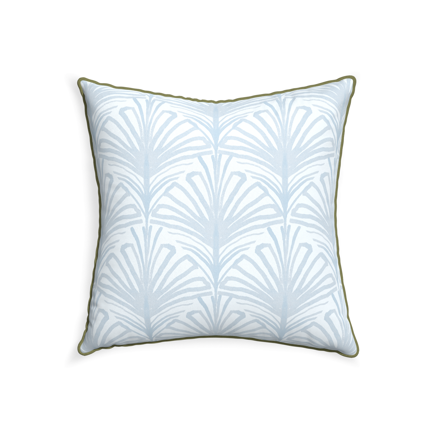 22-square suzy sky custom pillow with moss piping on white background