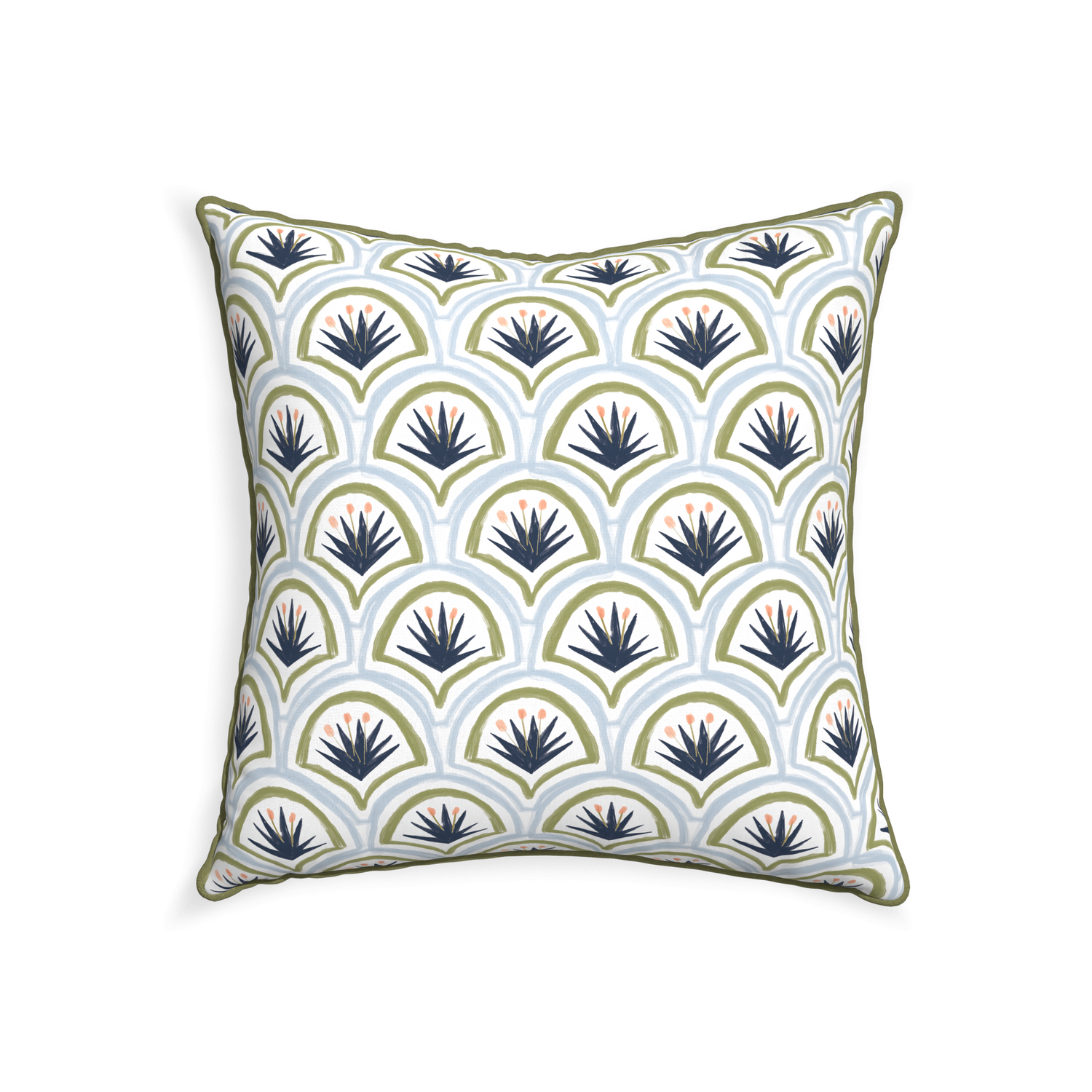22-square thatcher midnight custom art deco palm patternpillow with moss piping on white background