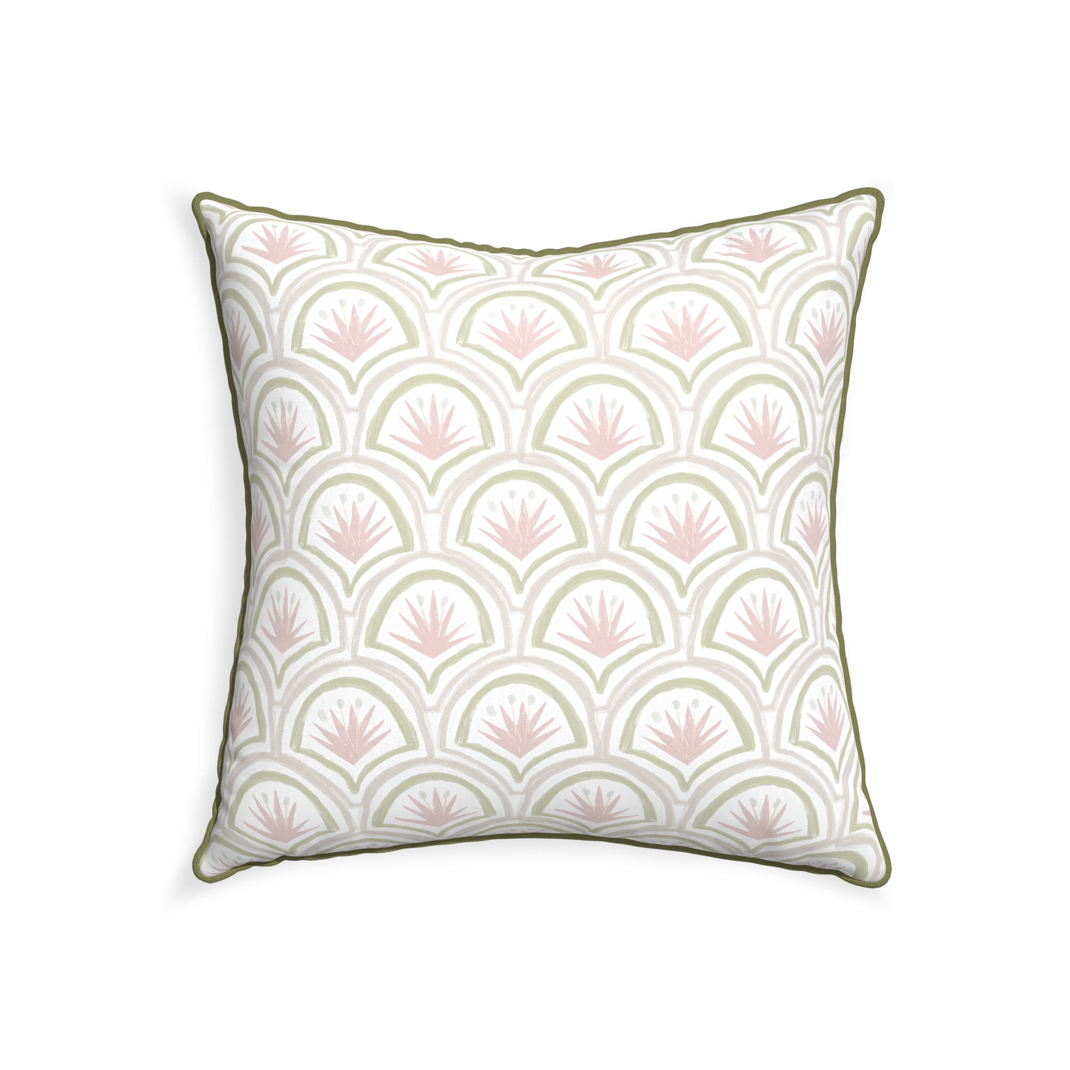 square pink and green art deco palm pattern with moss green piping