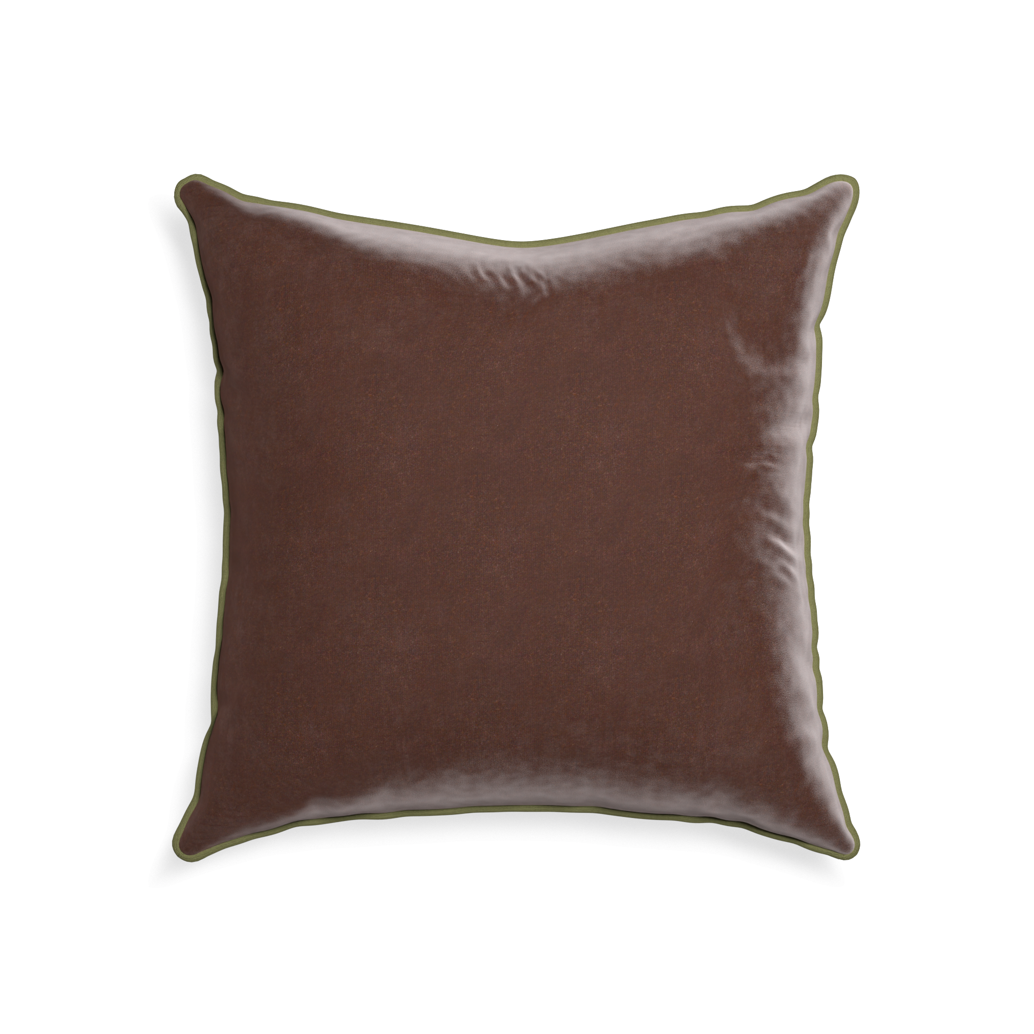 square brown velvet pillow with moss green piping