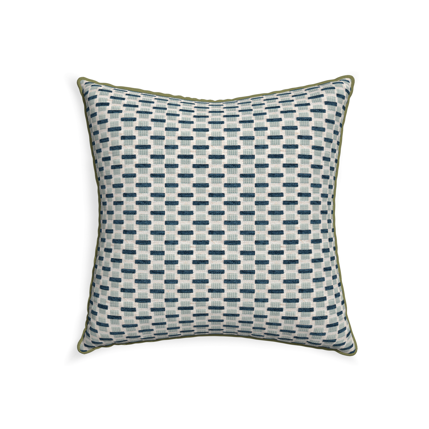 22-square willow amalfi custom blue geometric chenillepillow with moss piping on white background