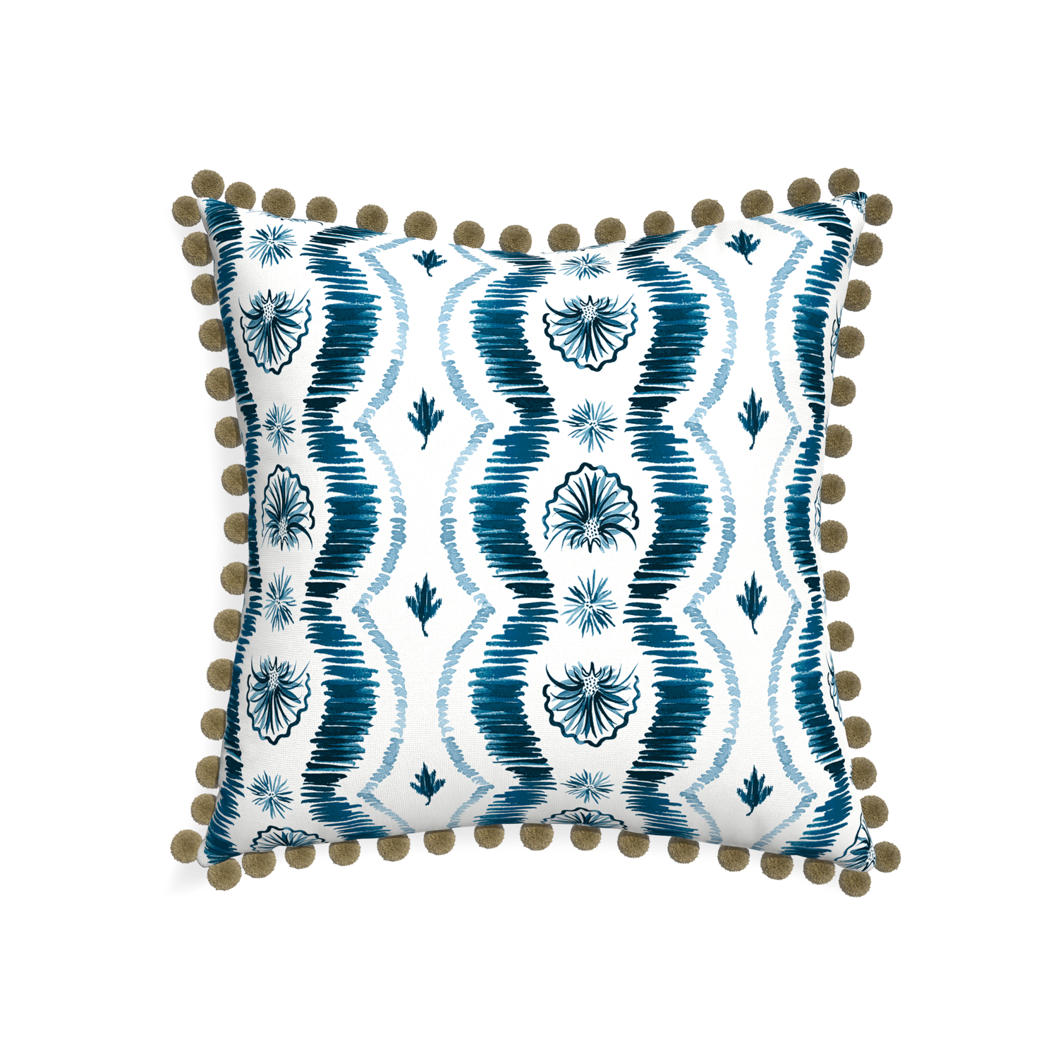 22-square alice custom blue ikatpillow with olive pom pom on white background