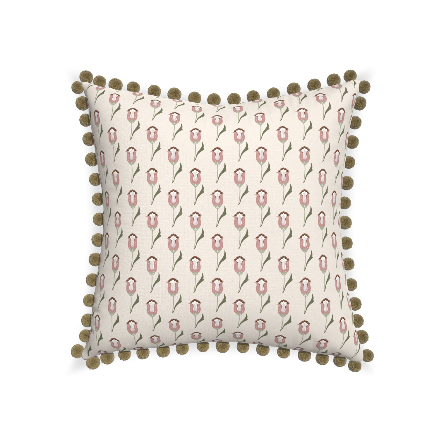 22-square annabelle orchid custom pink tulippillow with olive pom pom on white background
