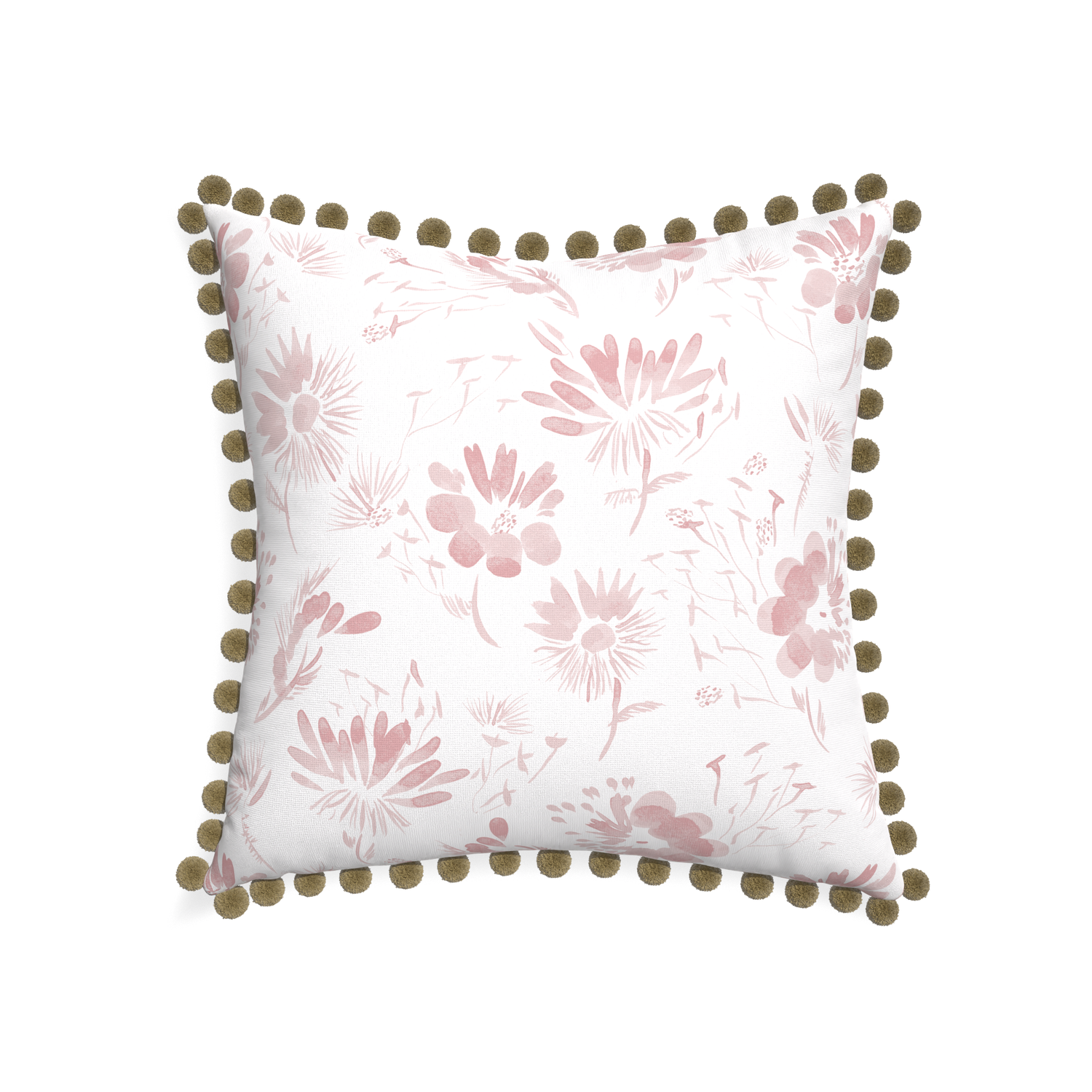 22-square blake custom pink floralpillow with olive pom pom on white background