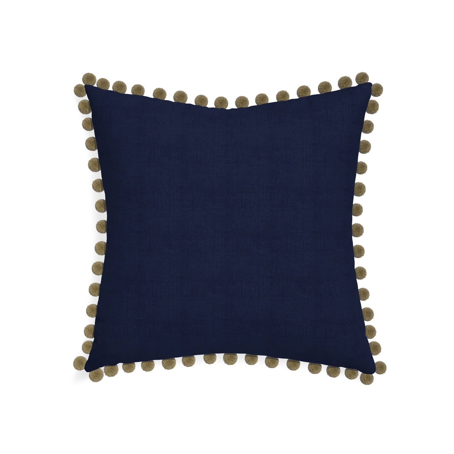 22-square midnight custom pillow with olive pom pom on white background