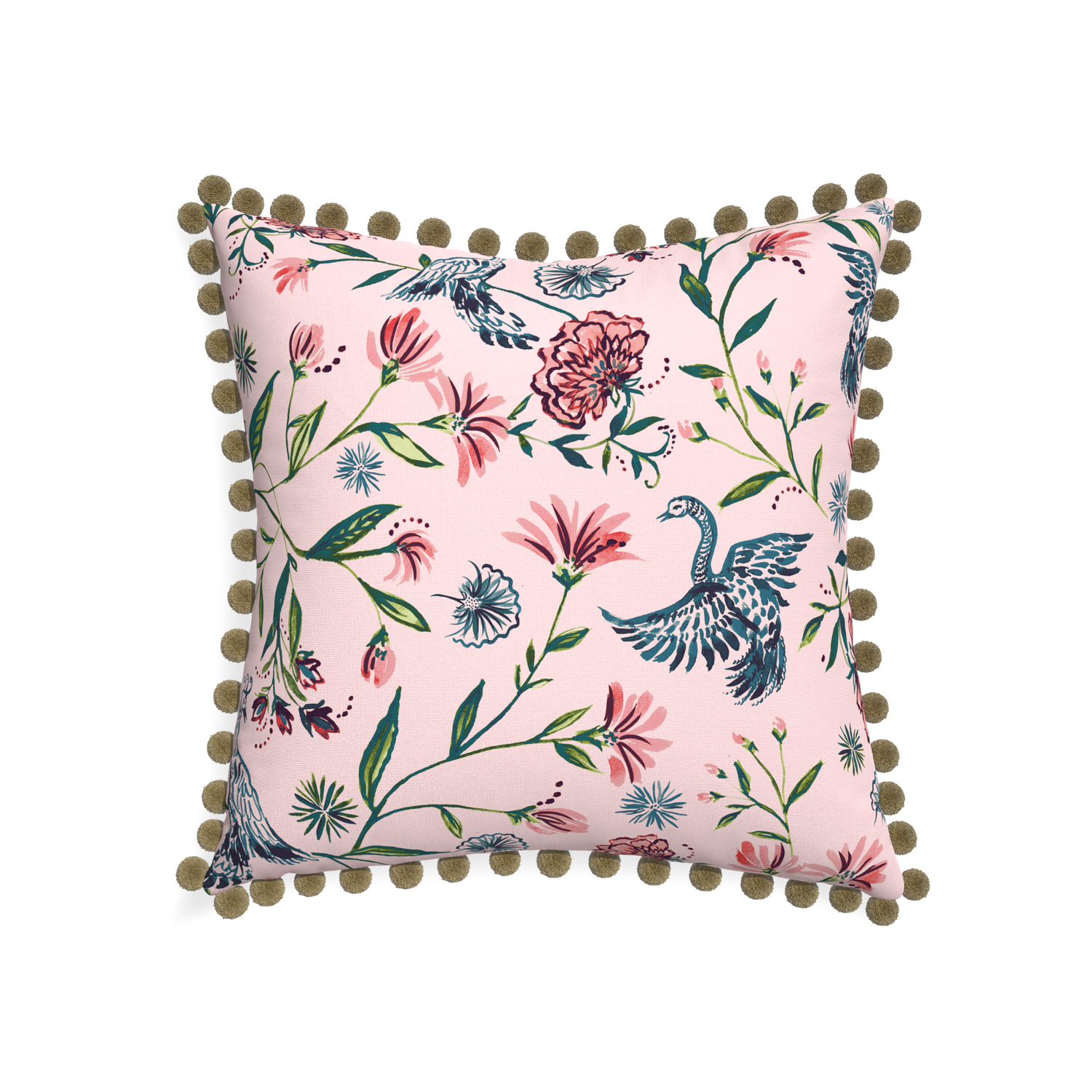 22-square daphne rose custom pillow with olive pom pom on white background