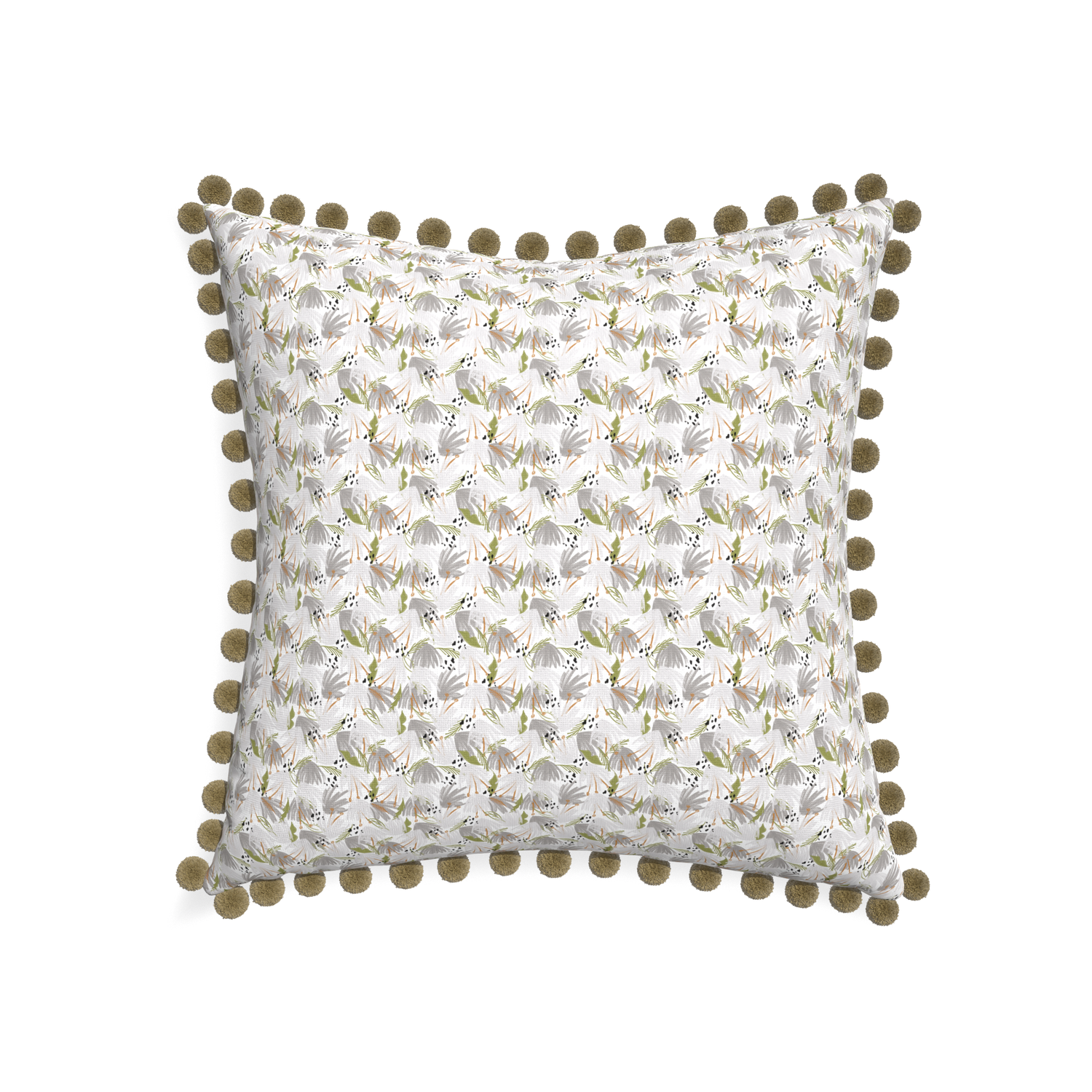 22-square eden grey custom pillow with olive pom pom on white background