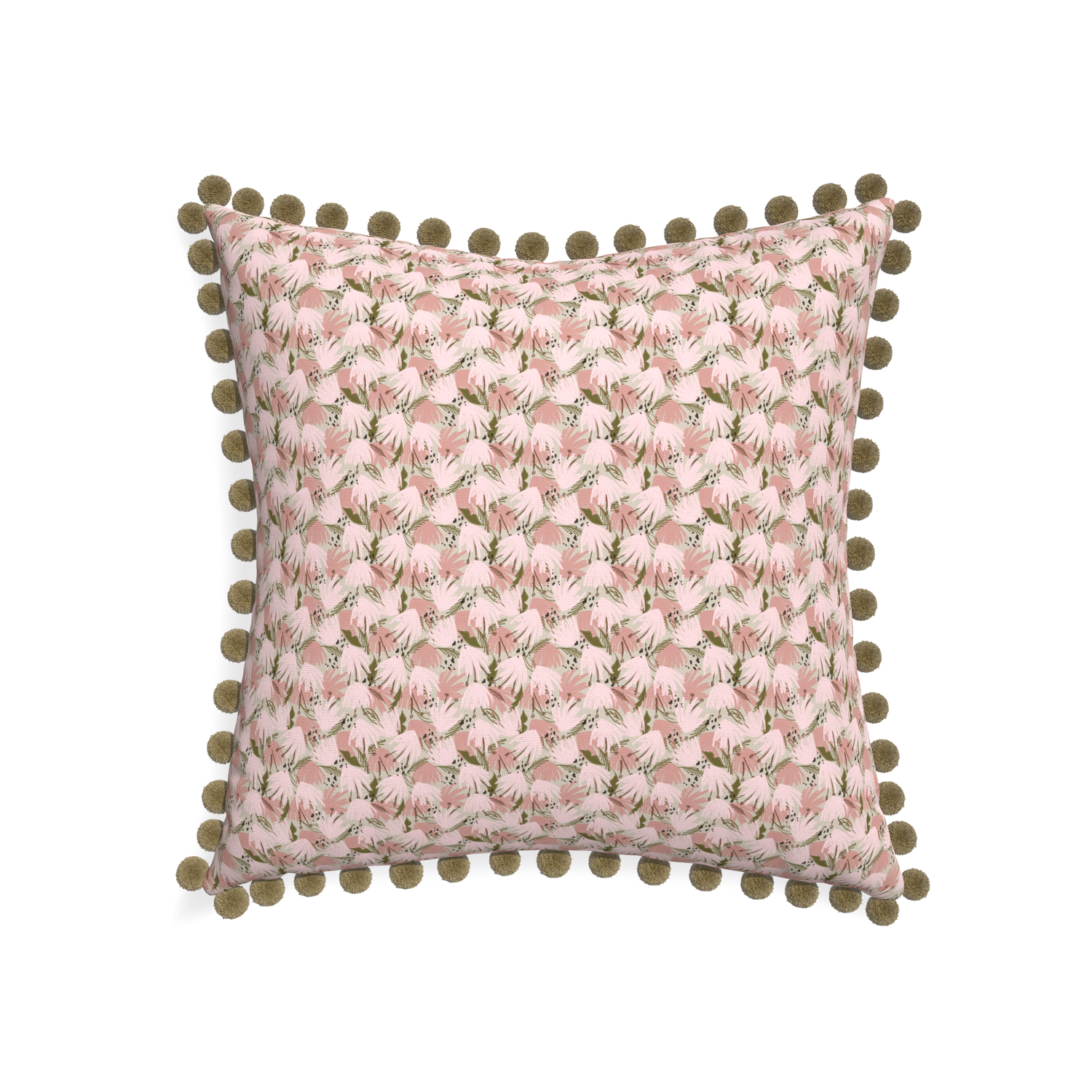 22-square eden pink custom pillow with olive pom pom on white background