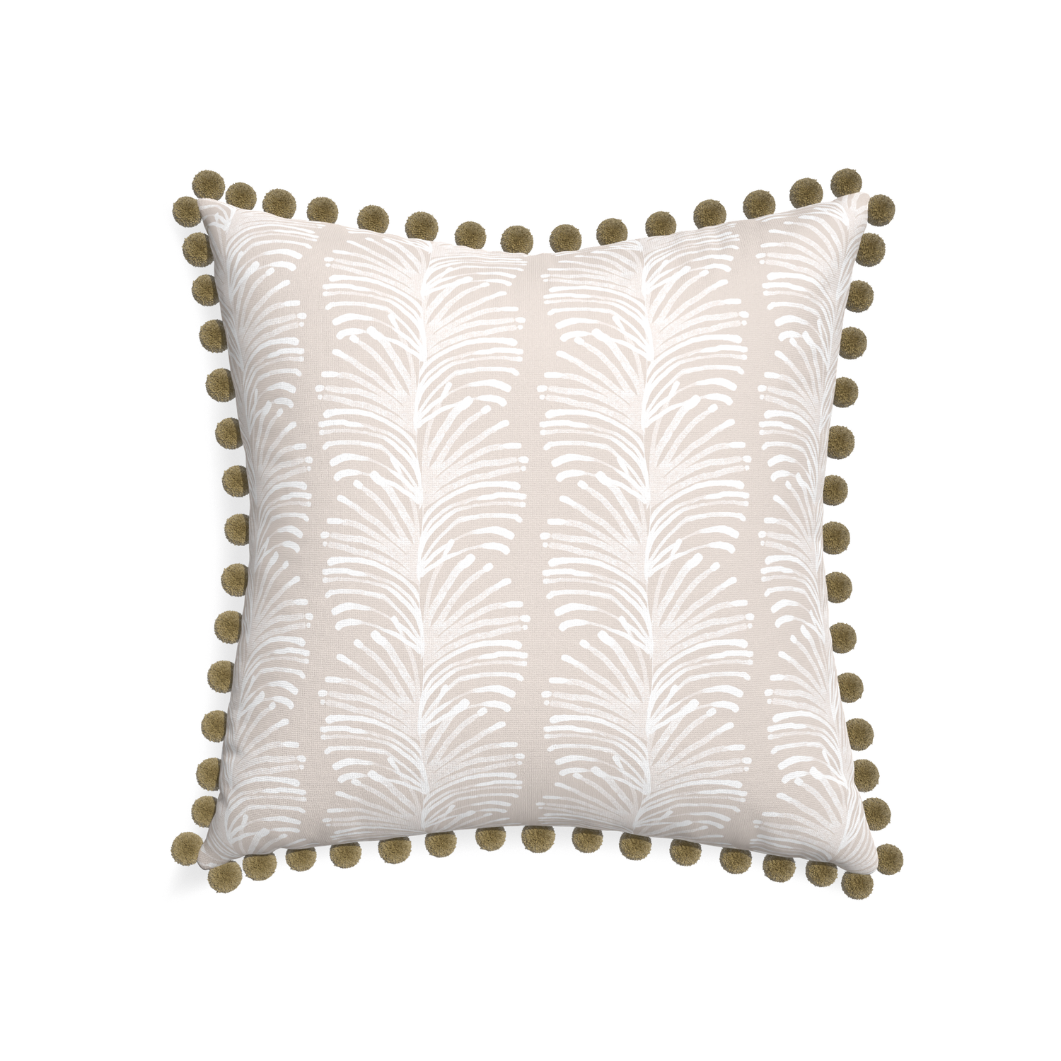 22-square emma sand custom pillow with olive pom pom on white background