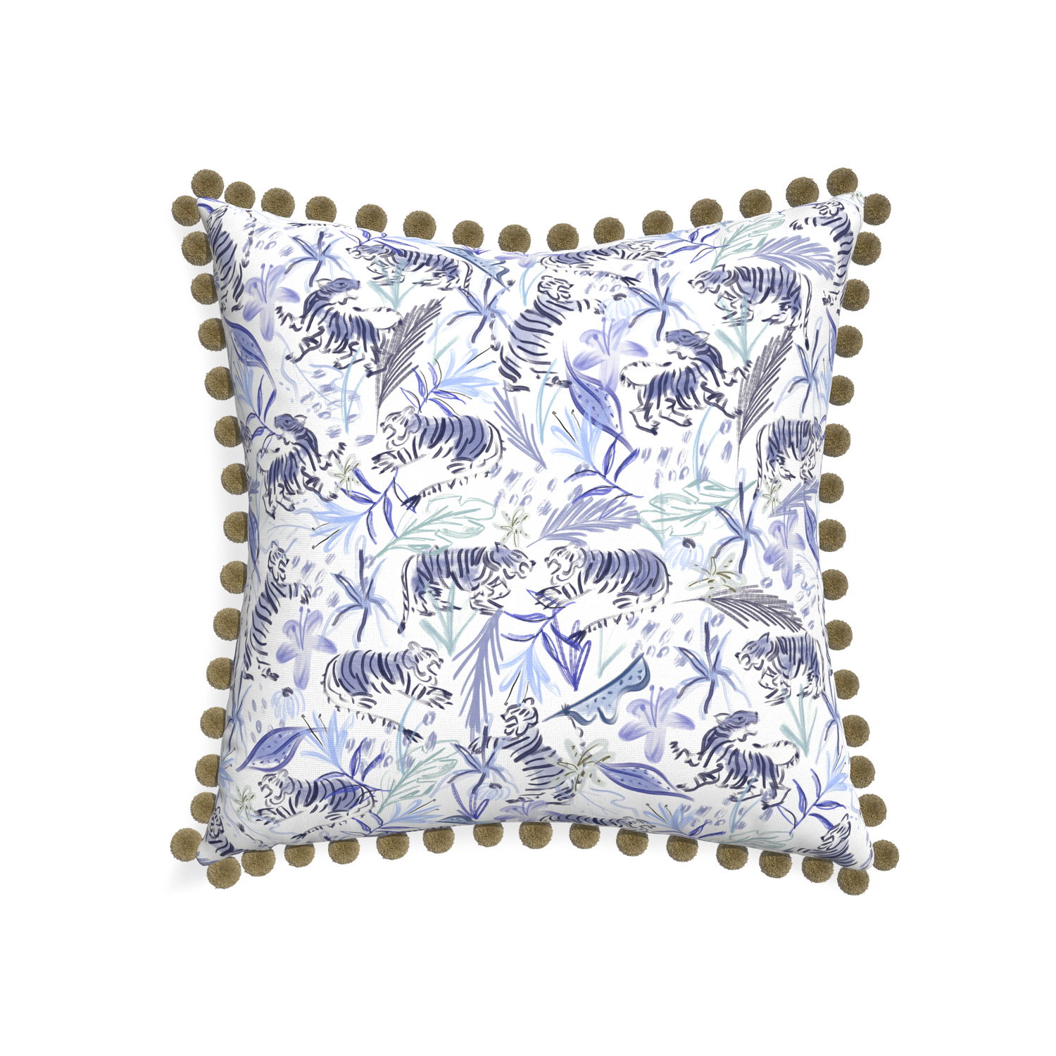 22-square frida blue custom blue with intricate tiger designpillow with olive pom pom on white background