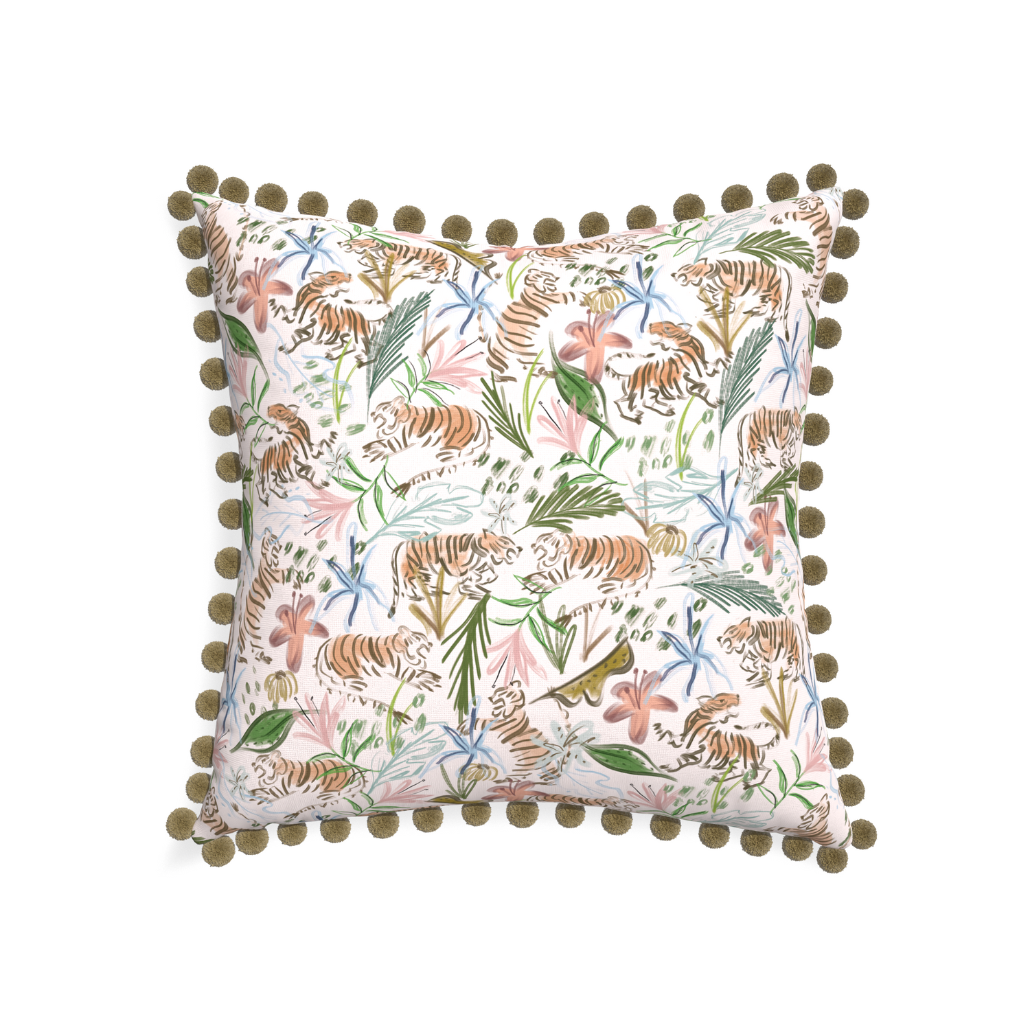 22-square frida pink custom pink chinoiserie tigerpillow with olive pom pom on white background