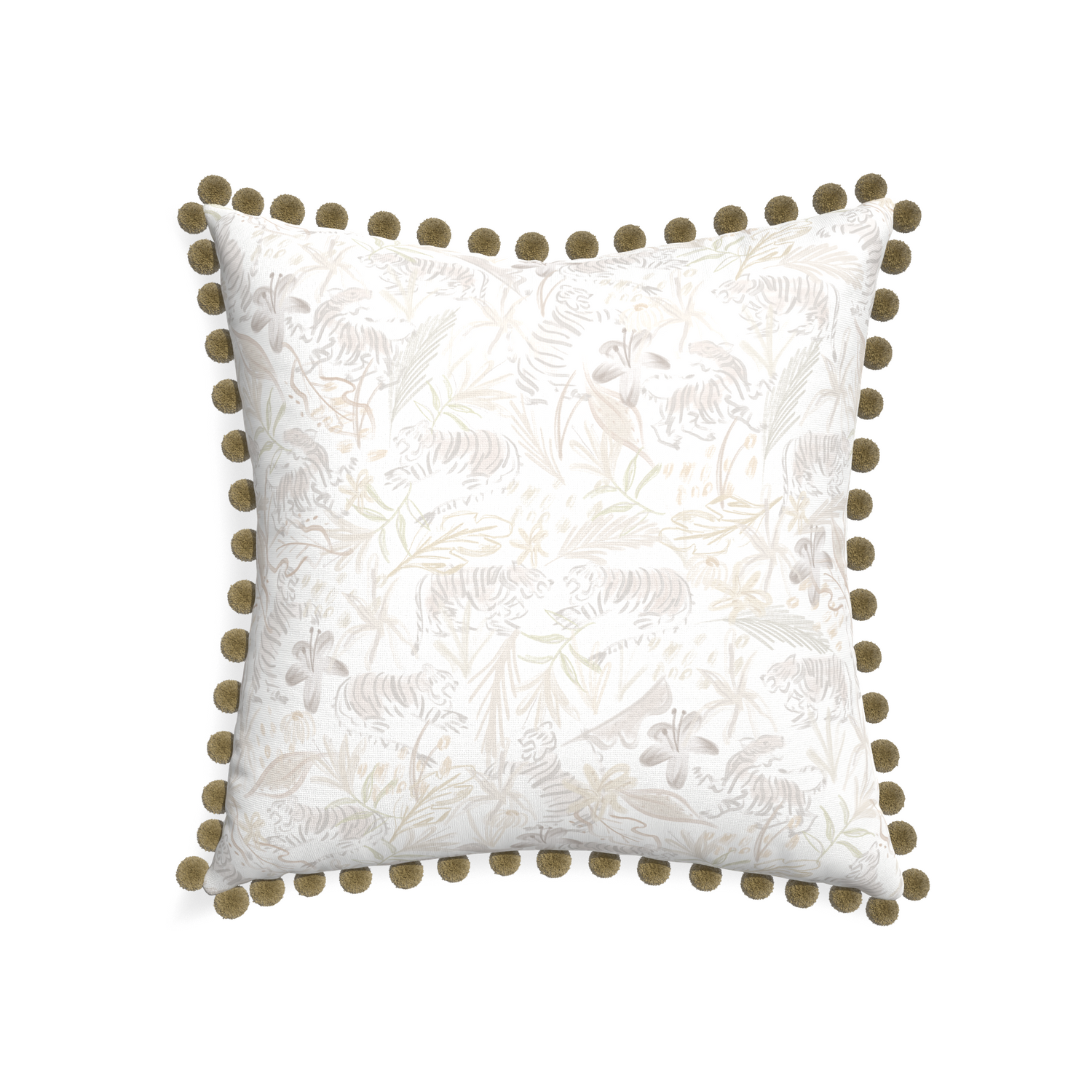 22-square frida sand custom beige chinoiserie tigerpillow with olive pom pom on white background