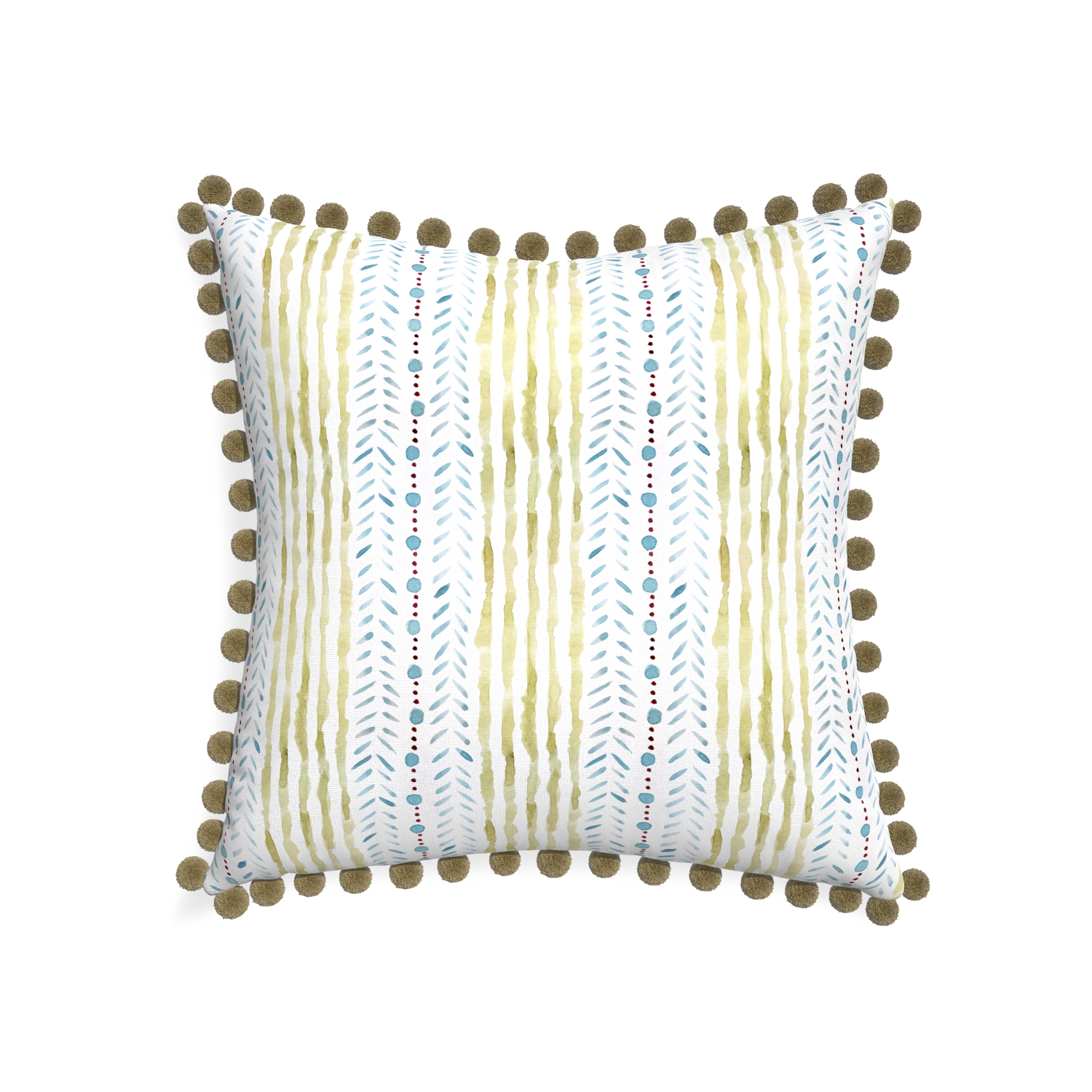 22-square julia custom blue & green stripedpillow with olive pom pom on white background