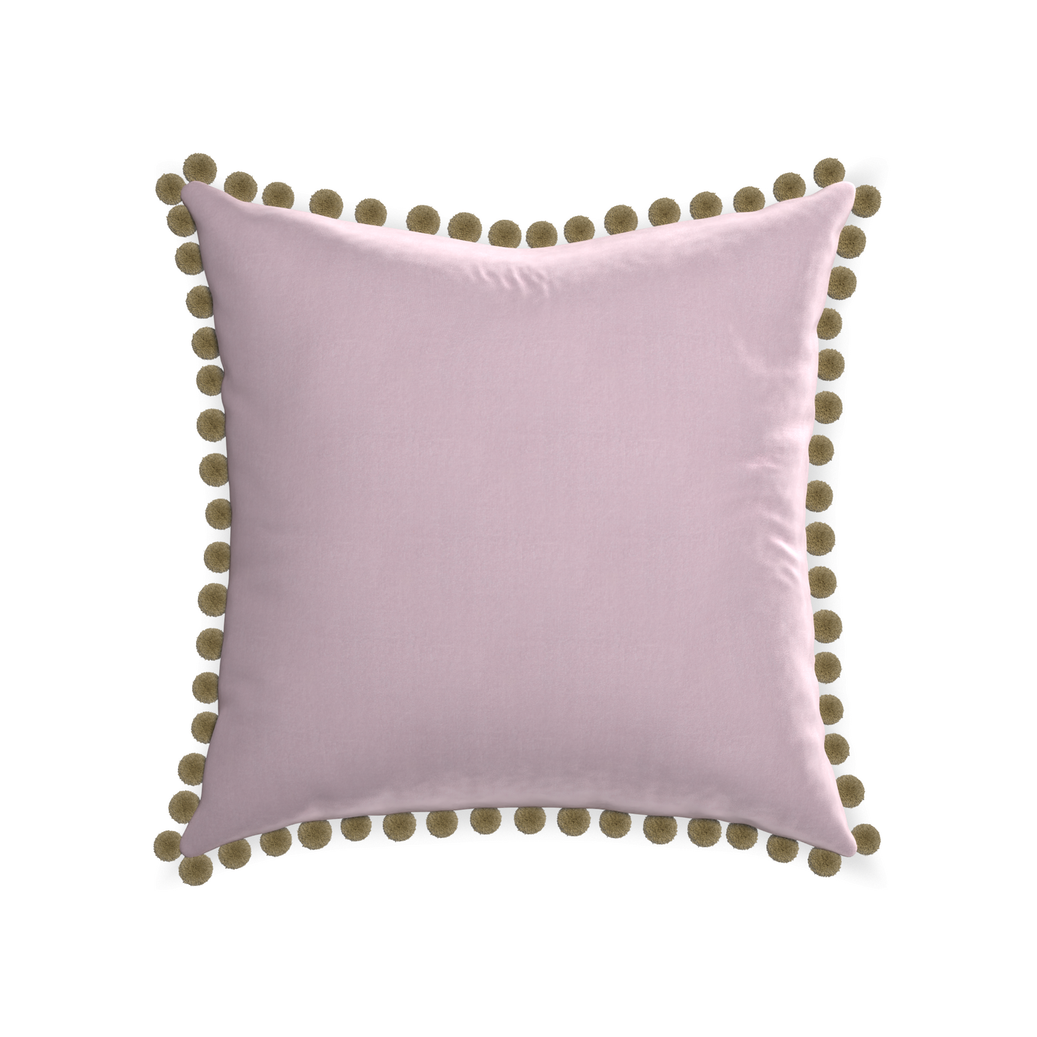 22-square lilac velvet custom pillow with olive pom pom on white background