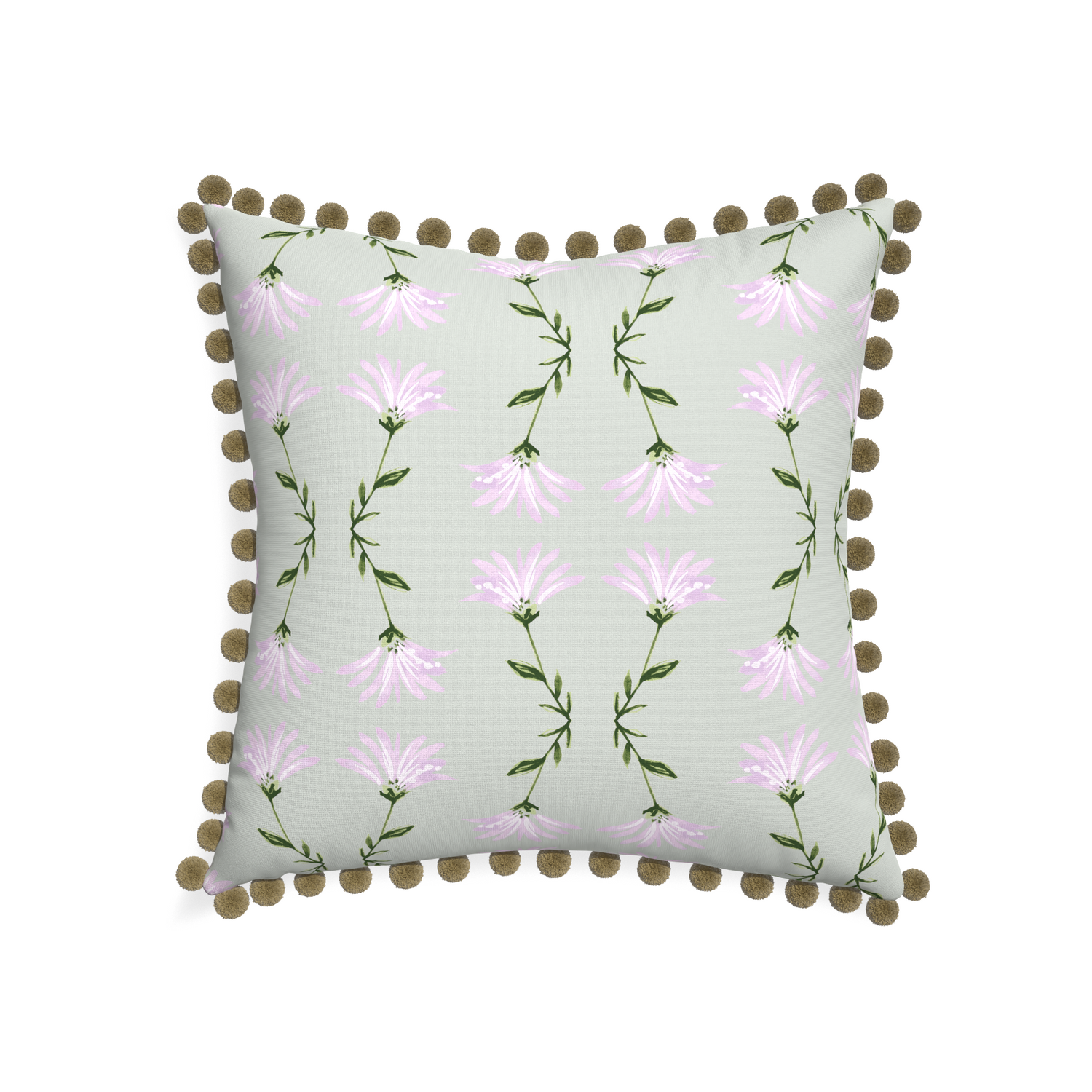 22-square marina sage custom pillow with olive pom pom on white background
