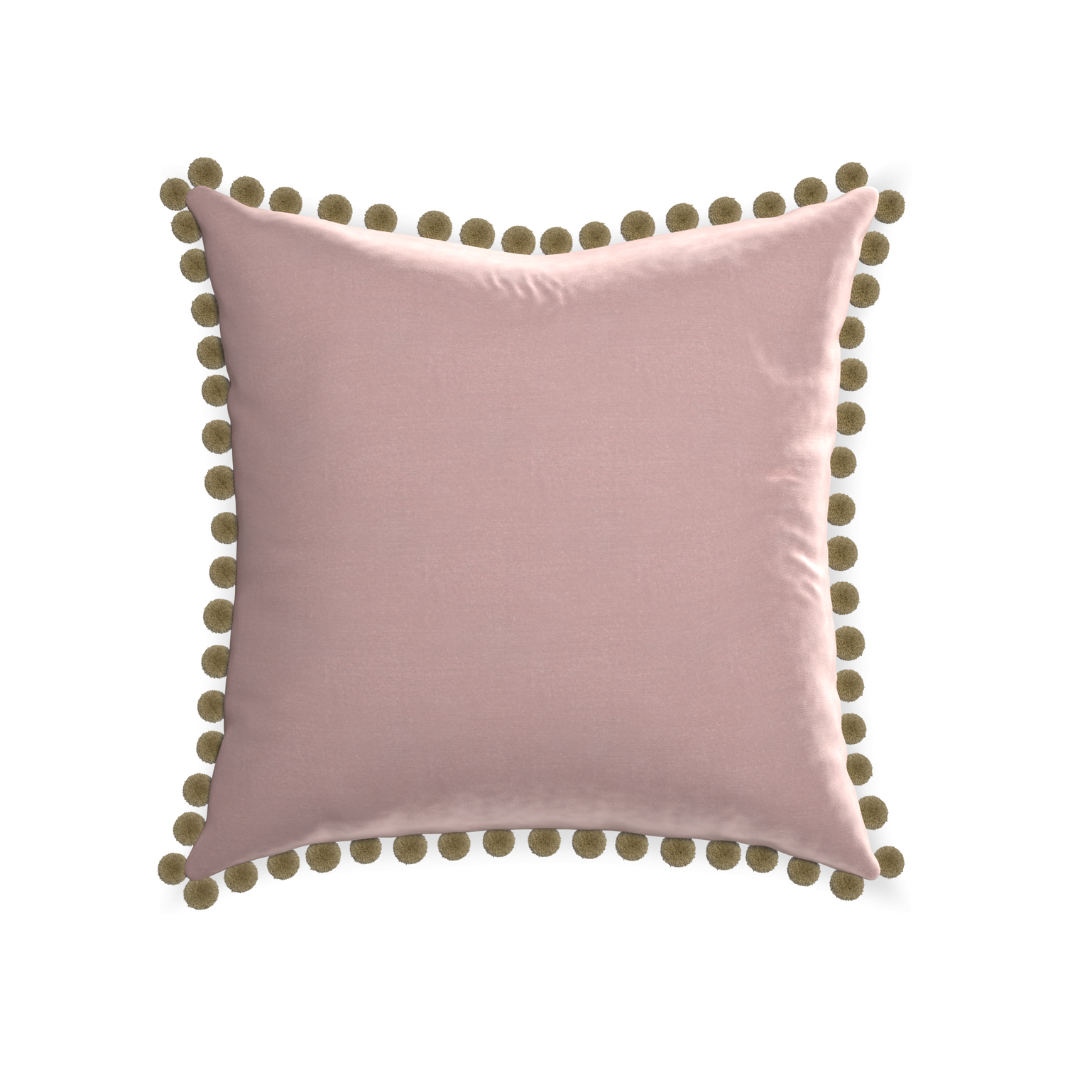 square mauve velvet pillow with olive green pom poms