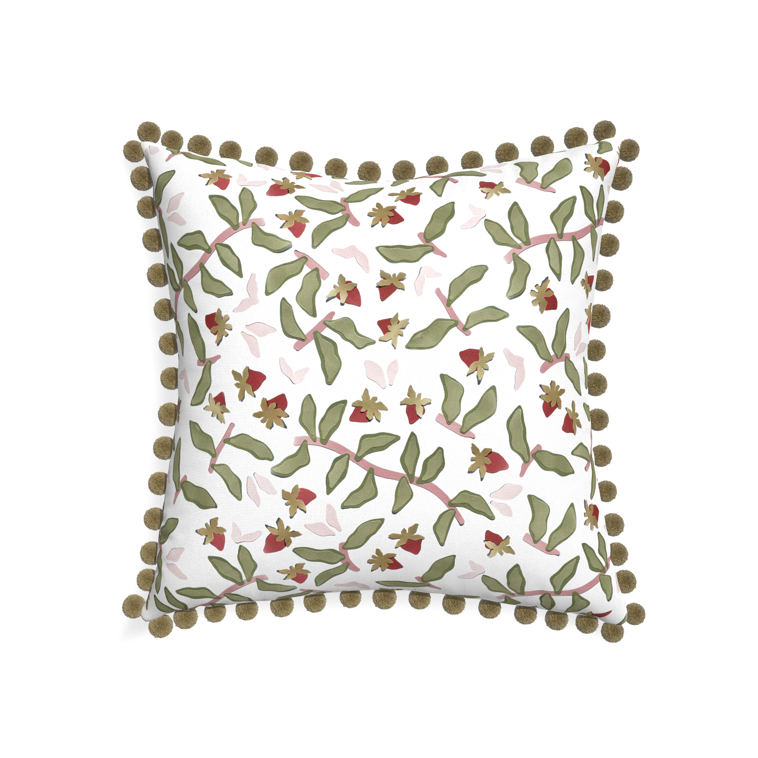 22-square nellie custom strawberry & botanicalpillow with olive pom pom on white background