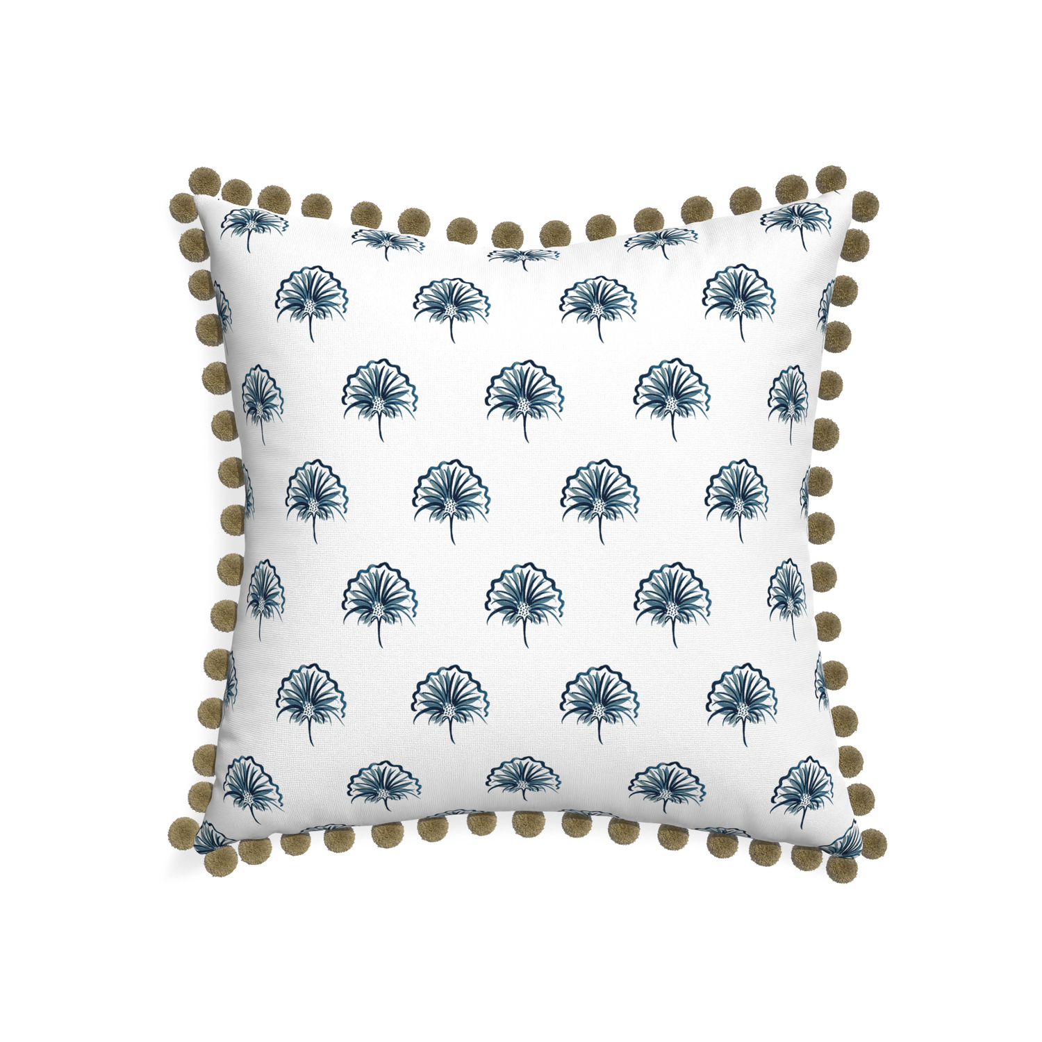 22-square penelope midnight custom floral navypillow with olive pom pom on white background